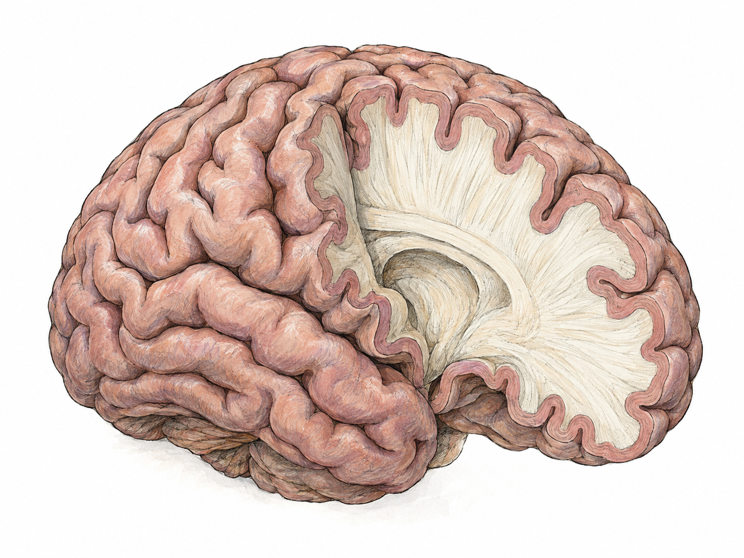 A three-quarter cutaway of a human cerebrum makes the thin, folded outer cortical layer clearly distinct from the pale inner white matter.