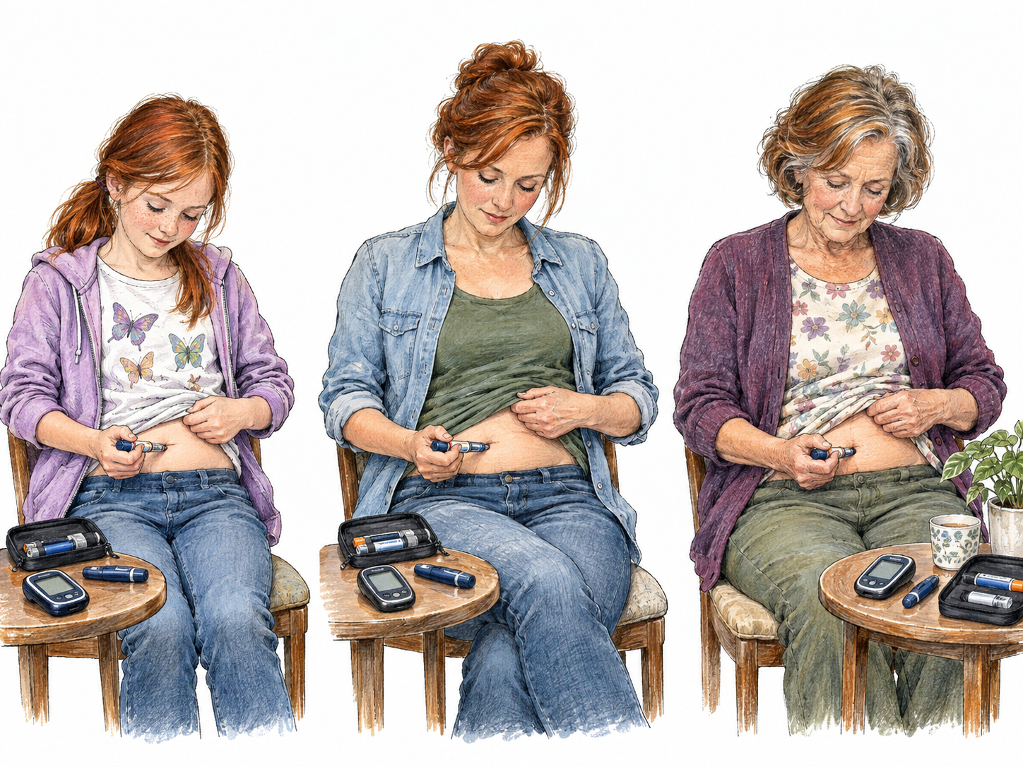 A compact three-stage life sequence shows the same person continuing insulin treatment from childhood through adulthood into old age: an incurable condition managed successfully, rather than healed.