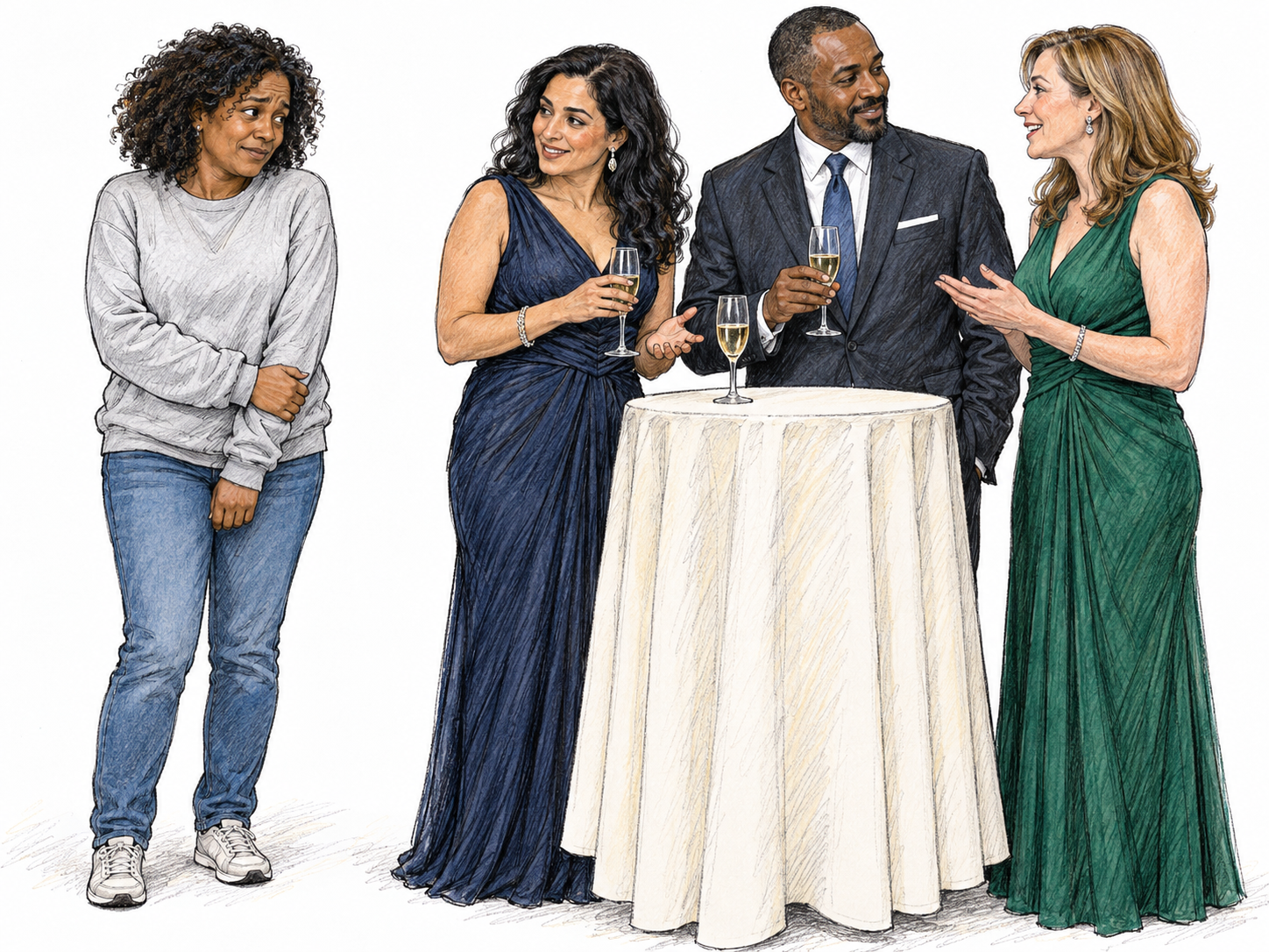 At a small formal reception, a casually dressed woman stands awkwardly at the edge of a relaxed, elegantly dressed conversational group.