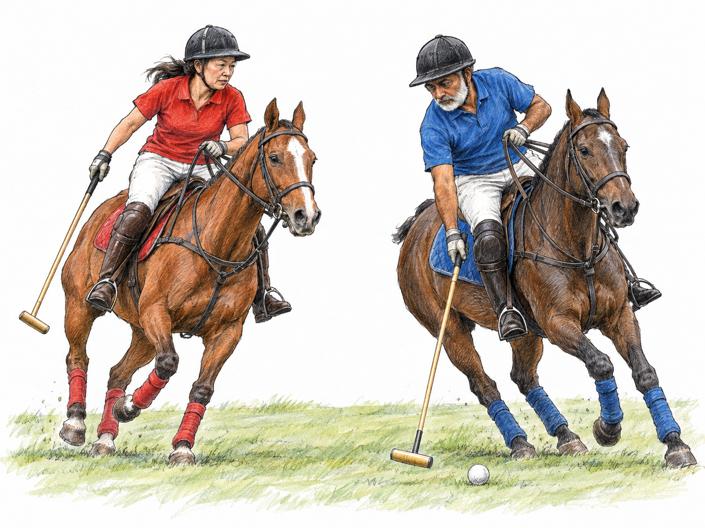 Two modern polo opponents on horseback converge on a small white ball.