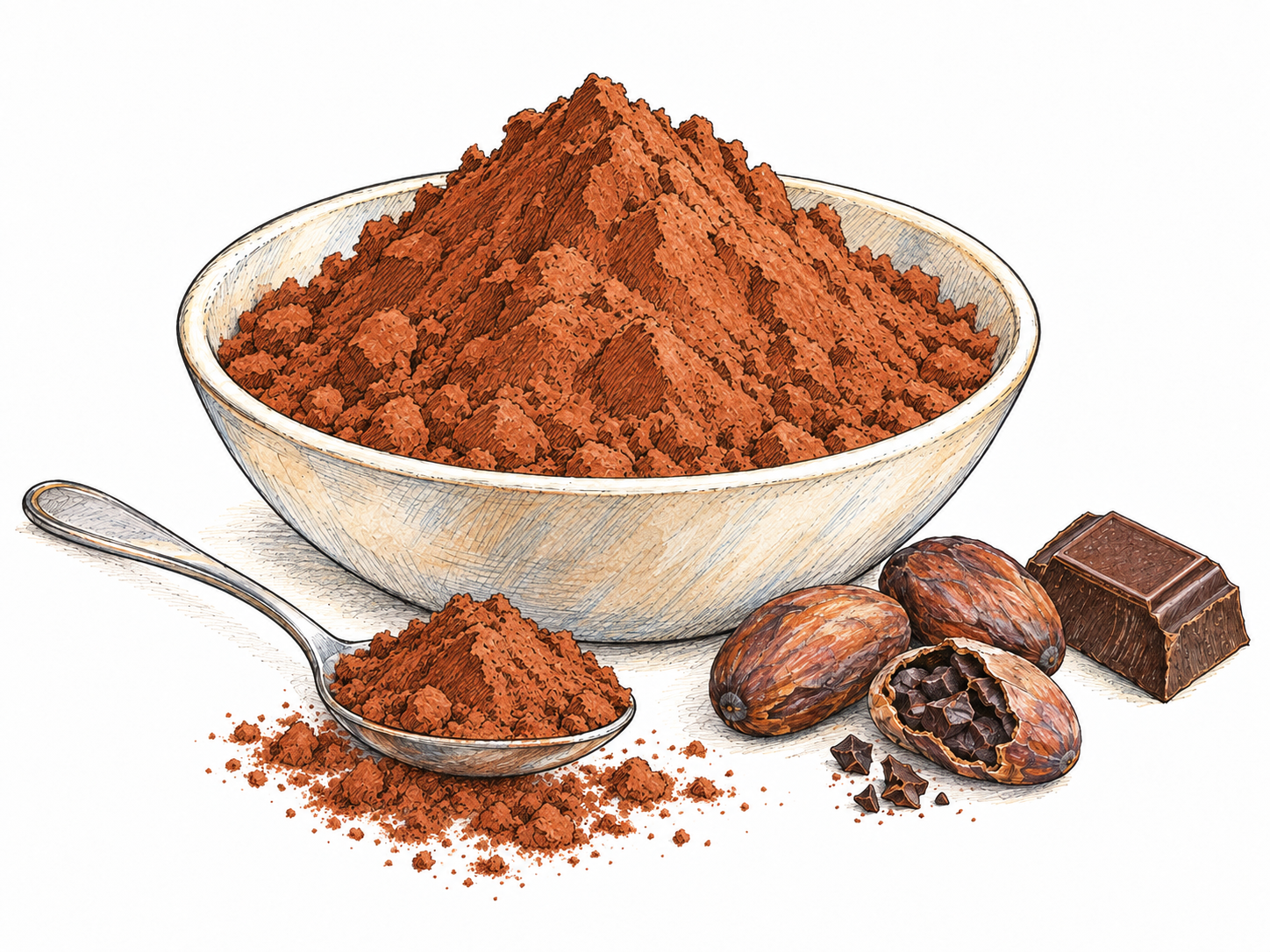 A shallow bowl heaped with fine cocoa powder, accompanied by a powder-filled spoon, a few roasted cacao beans with one cracked open, and a small piece of dark chocolate.