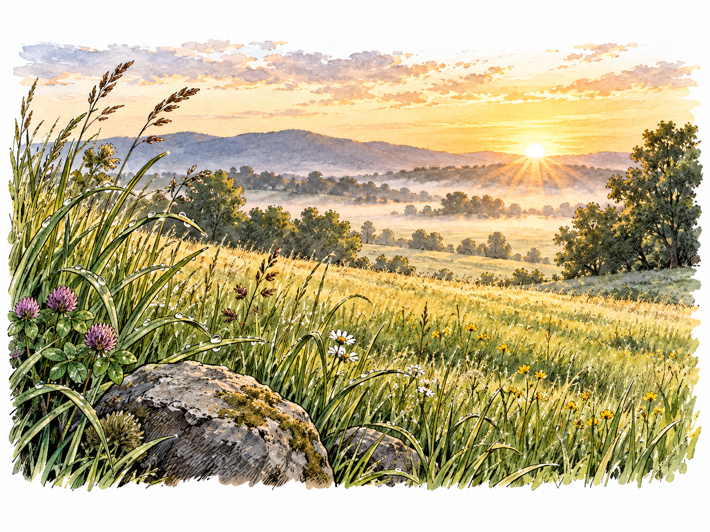 Dewy meadow at sunrise with soft golden light.