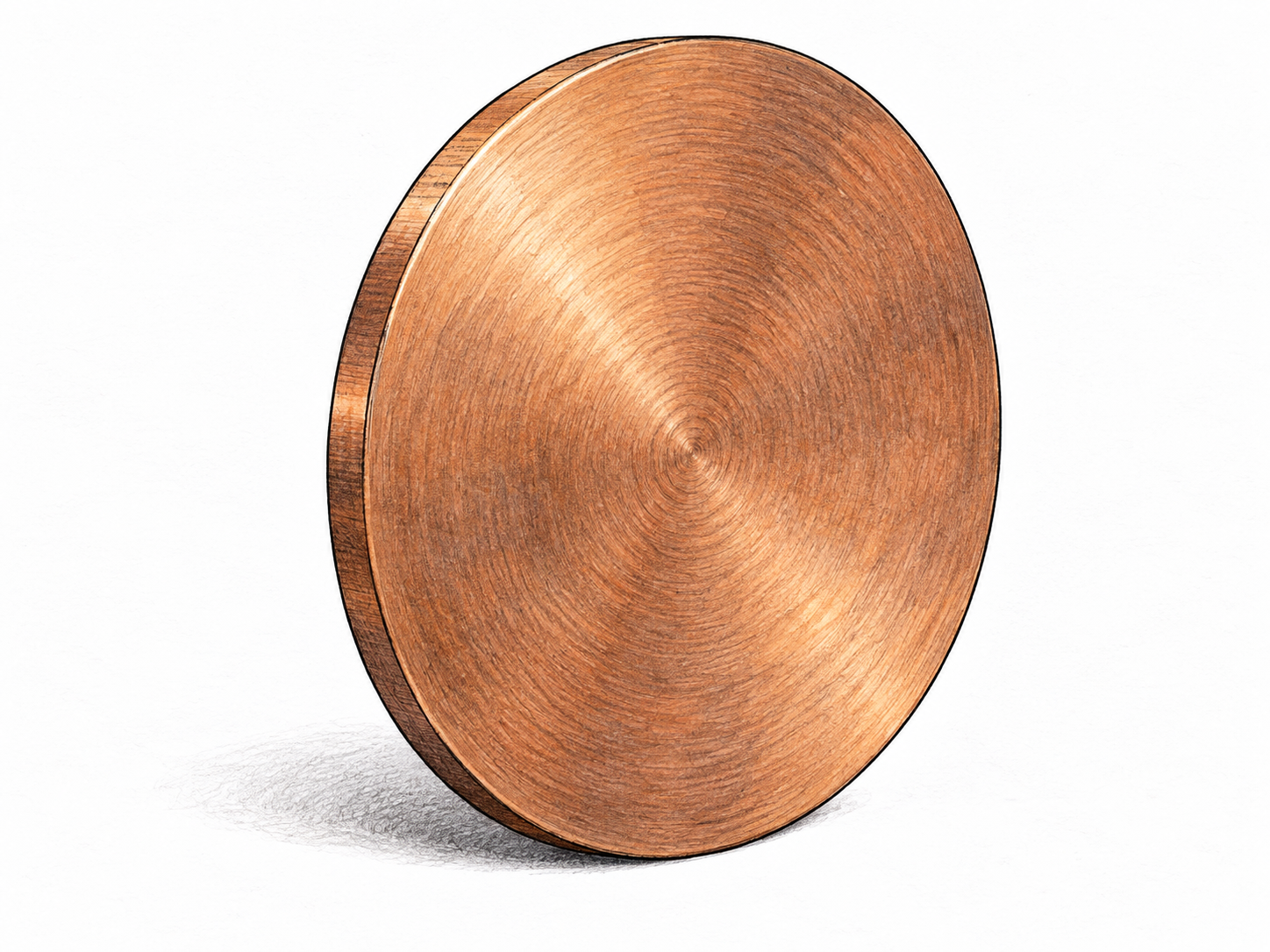 Flat round brushed copper disk with continuous circular face and thin edge visible, standing obliquely on white, small shadow.