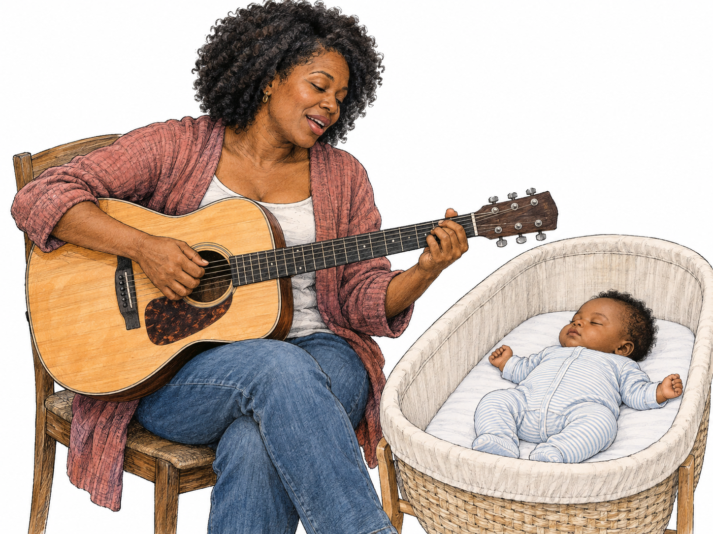A mother gently sings a lullaby beside her sleeping baby, lightly accompanying herself on an acoustic guitar.