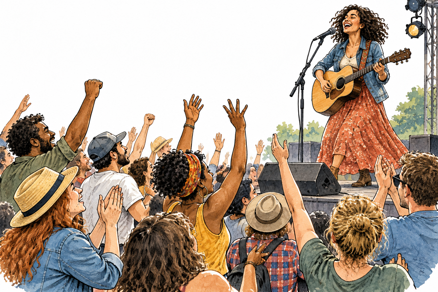Diverse crowd cheers enthusiastically for a performer, raised hands and supportive expressions, no banners or writing.