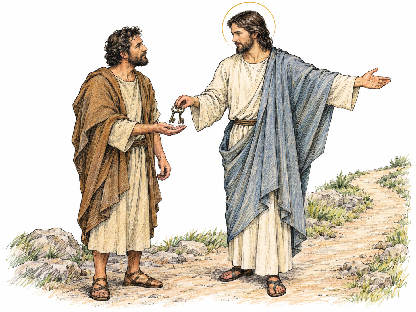 Jesus commissions Peter, placing a pair of keys in his open hand while gesturing toward an outward path.