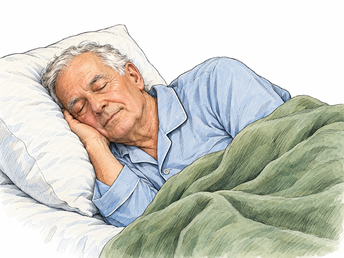 An older man sleeps on his side in bed, eyes fully closed, cheek nestled into a pillow, face and hands relaxed beneath a lightly draped blanket.