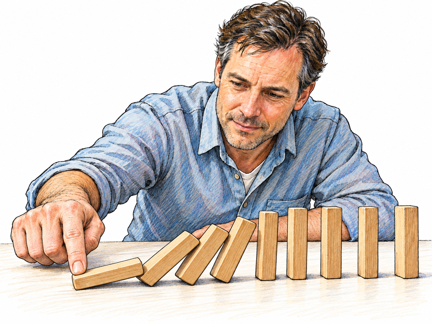 A man tips the first domino in a row, visibly causing successive dominoes to fall into one another.