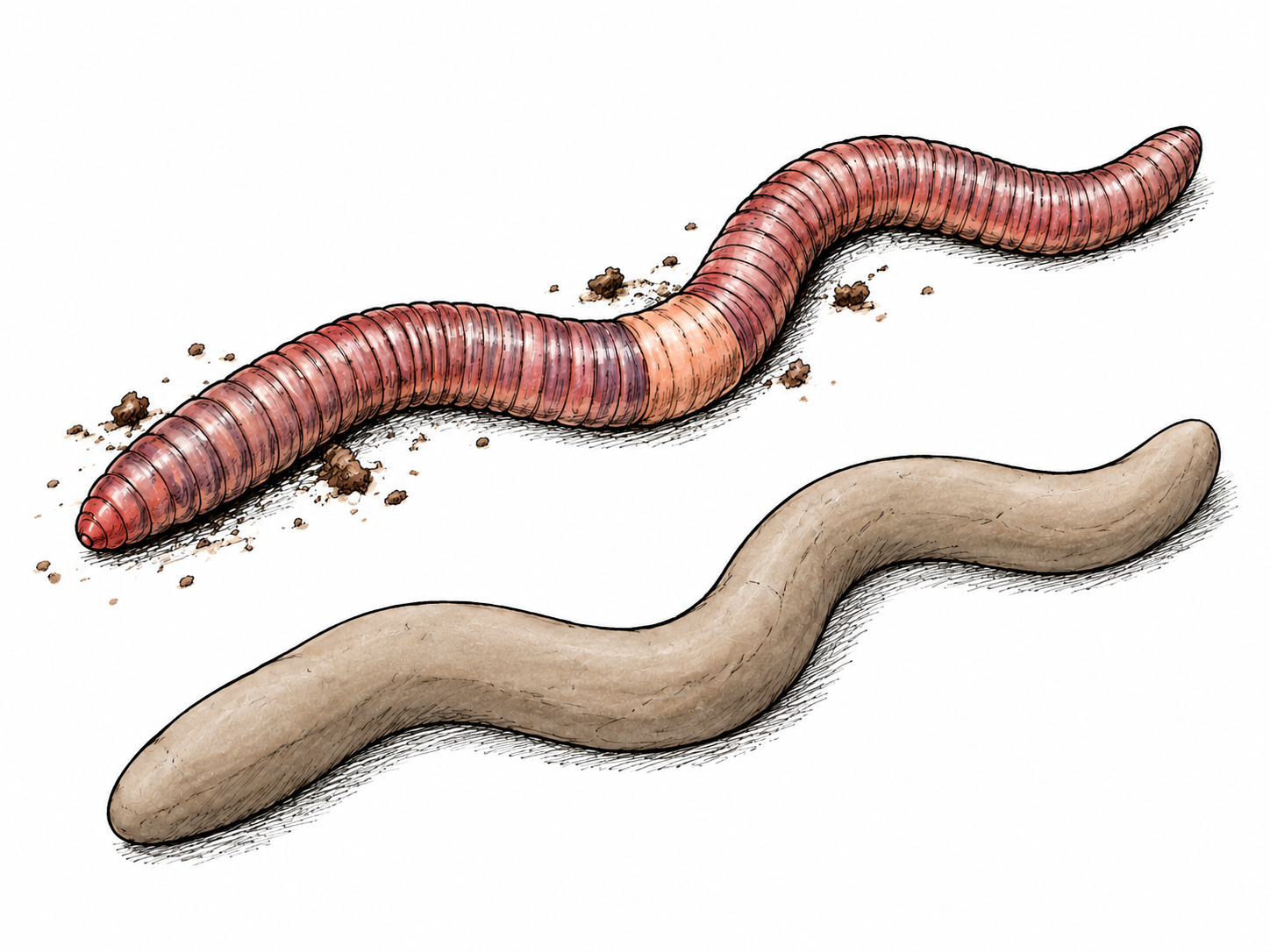 An elongated smoothly curved clay model with rounded ends is placed beside an actual earthworm of similar outline, making worm-shaped form clear; simple neutral clay, no labels.