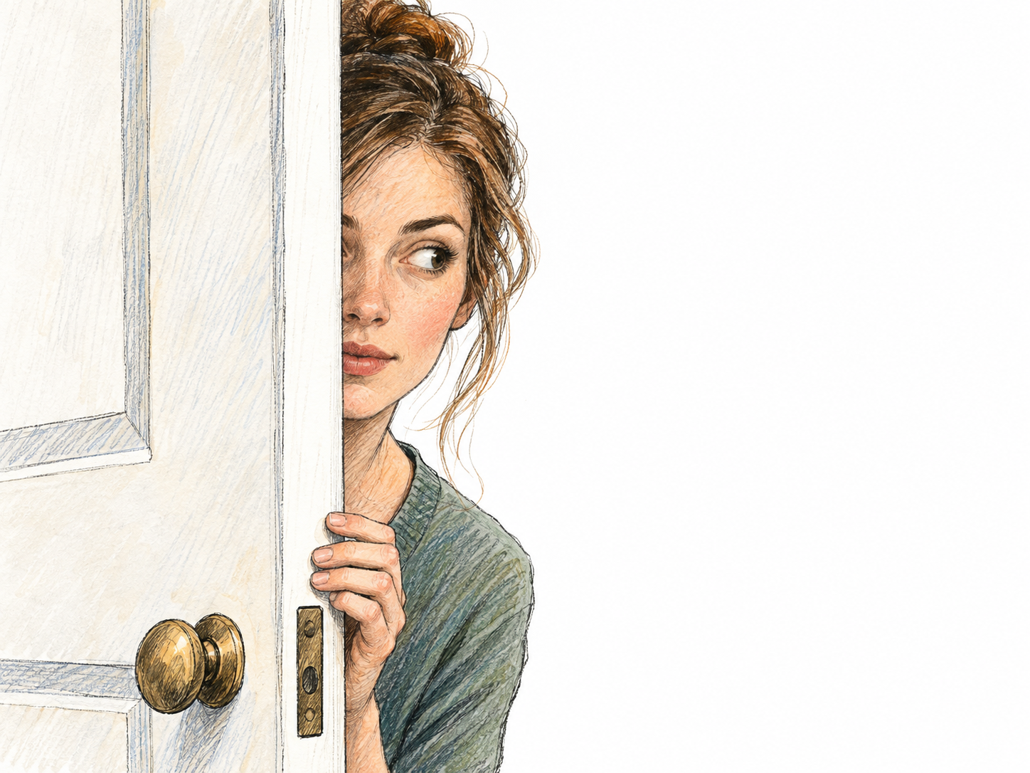 A young adult white woman briefly peeks around a slightly open door, keeping most of her body hidden while looking into the room.