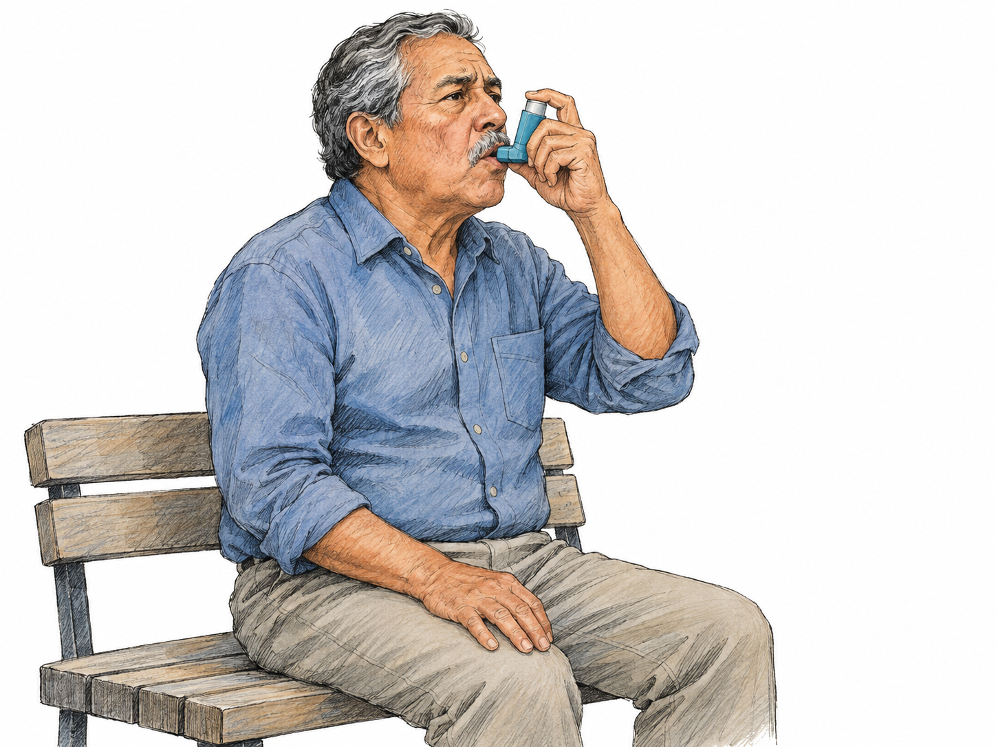 An older Latino man pauses on a simple bench to use an asthma inhaler, sitting upright with a slightly strained but composed expression.
