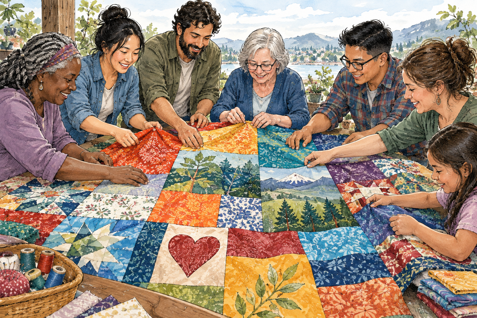 A community group joins separate brightly colored fabric panels into one large quilt, collaborative hands bring pieces into a single whole.