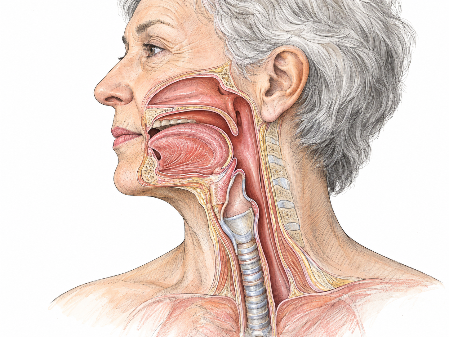 A clean side-profile anatomical cutaway of a woman's head and neck, emphasizing the continuous throat passage behind the mouth and its lower division toward the airway and esophagus.