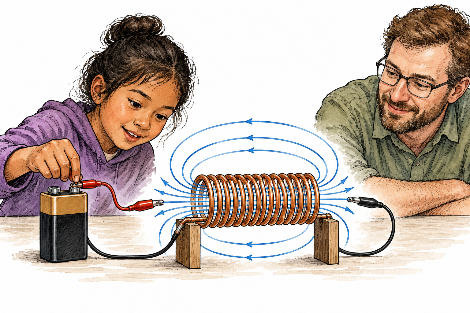 A clear helical coil of copper wire connects to a battery, simple magnetic field lines emerge along its axis; correct closed electrical connection.
