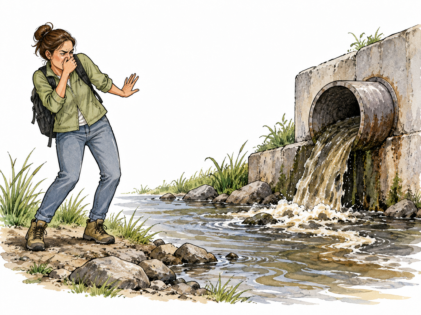 A visitor reacts with moral disgust to a factory pipe dumping dirty water into a stream, no graphic harm.