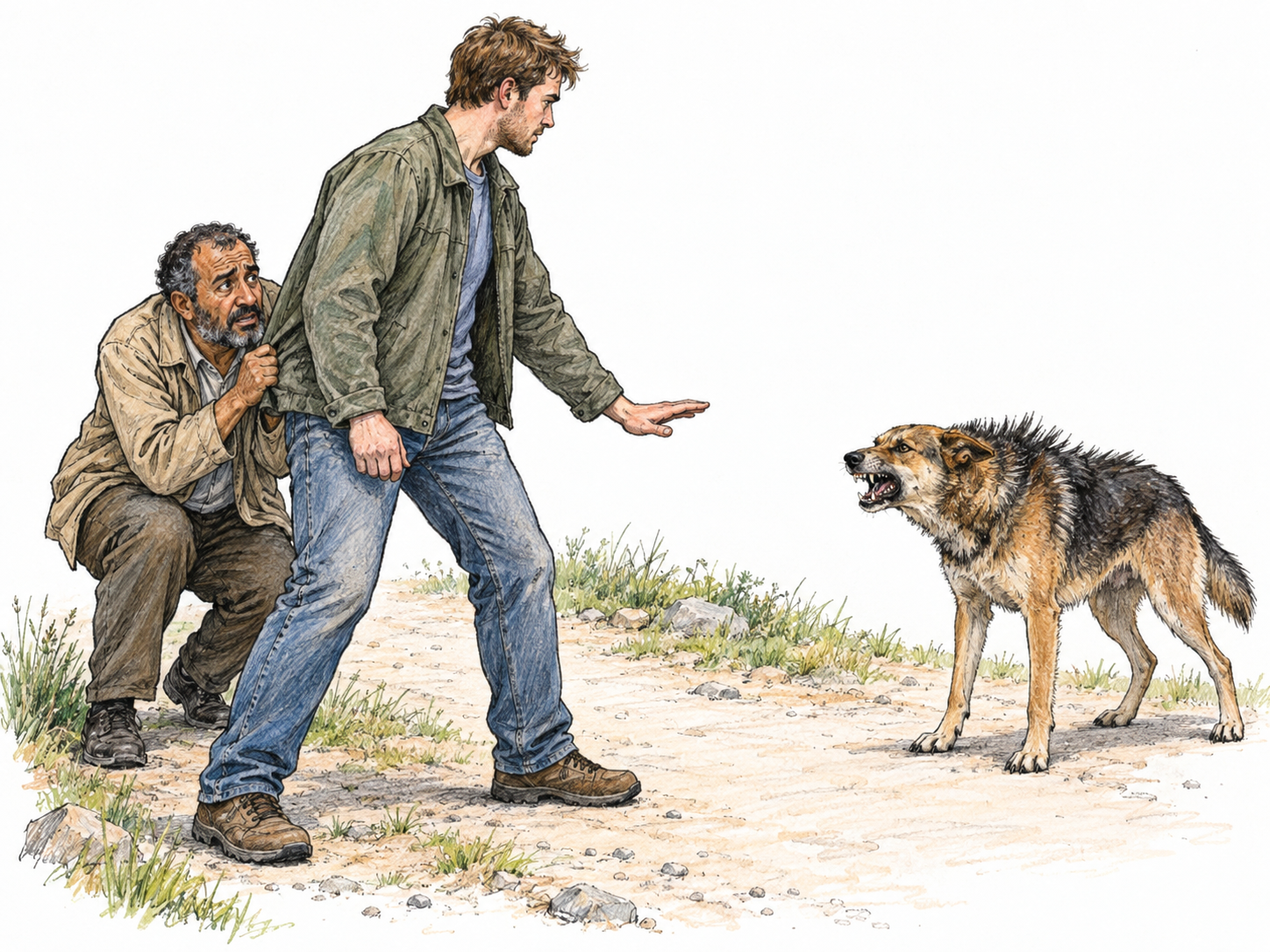 A frightened man cowers behind his younger companion rather than face a snarling dog; the companion remains upright between him and the threat.