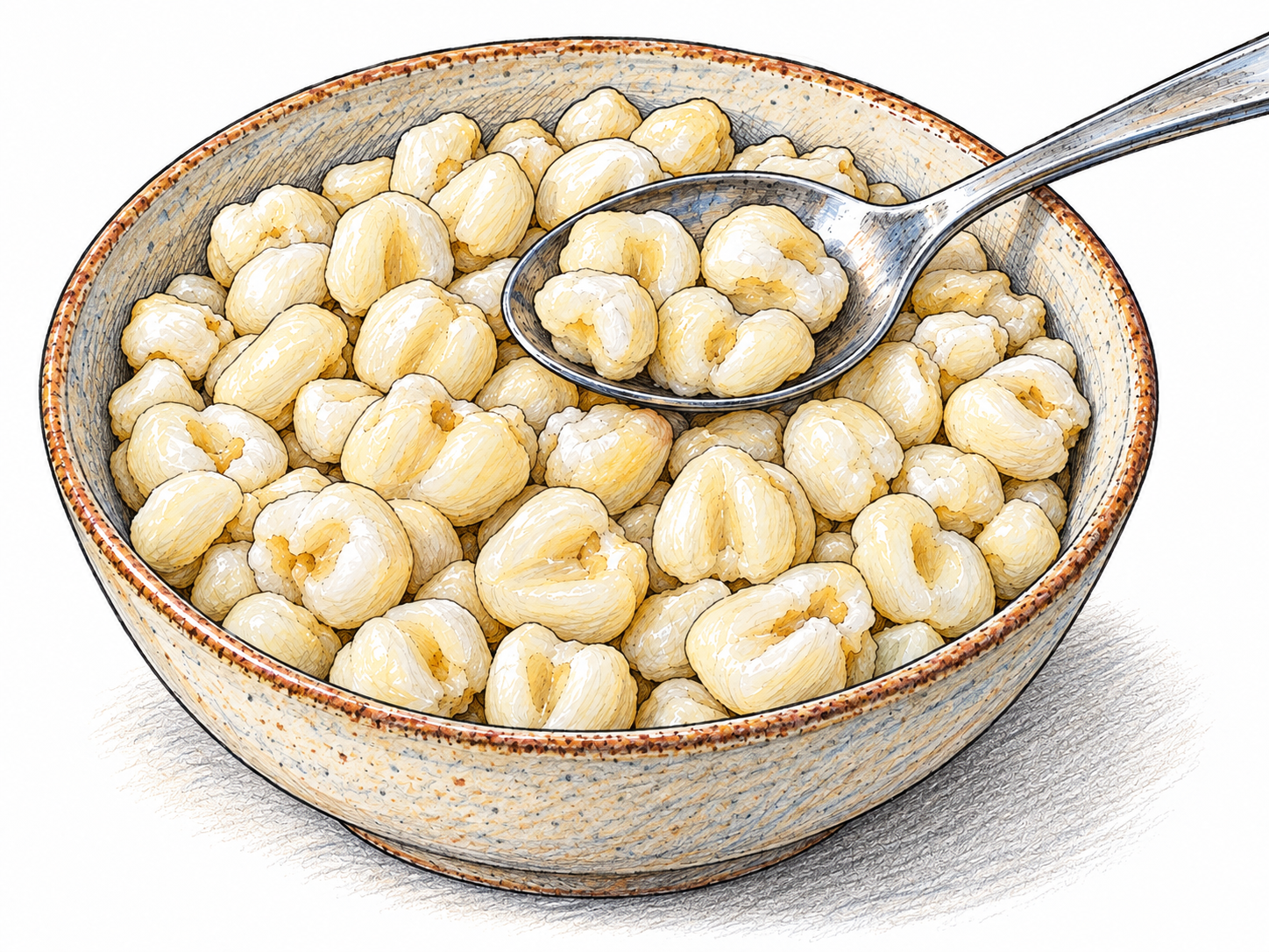 A shallow bowl of prepared white hominy, with a spoonful raised just above the bowl to reveal the characteristic swollen, irregular corn kernels and their recessed centers.