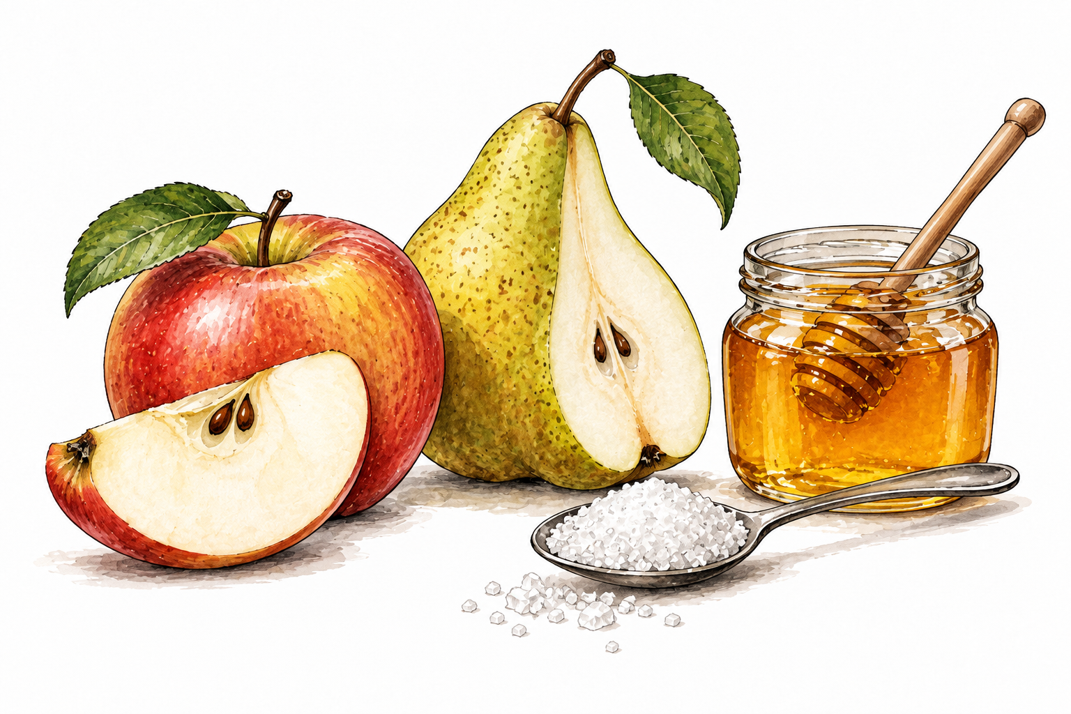 Sliced ripe apple and pear beside honey jar, small white sugar crystals on a spoon with tiny functional label 'fructose'.