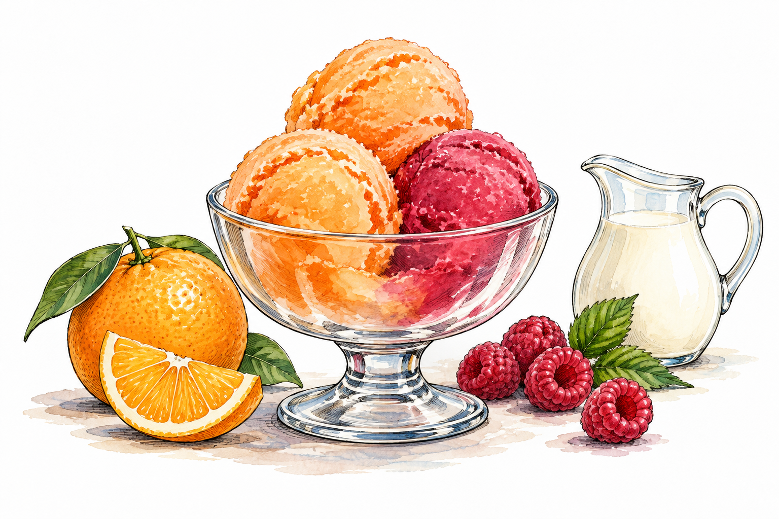 Three scoops of orange and raspberry sherbet in a glass bowl beside fruit and small milk jug, smooth frozen dessert.