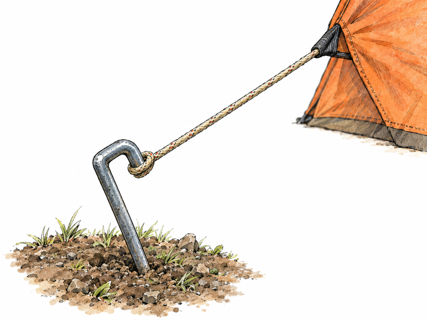 Close-up of a small hooked tent peg driven into earth, securing a taut guyline from a tent corner.