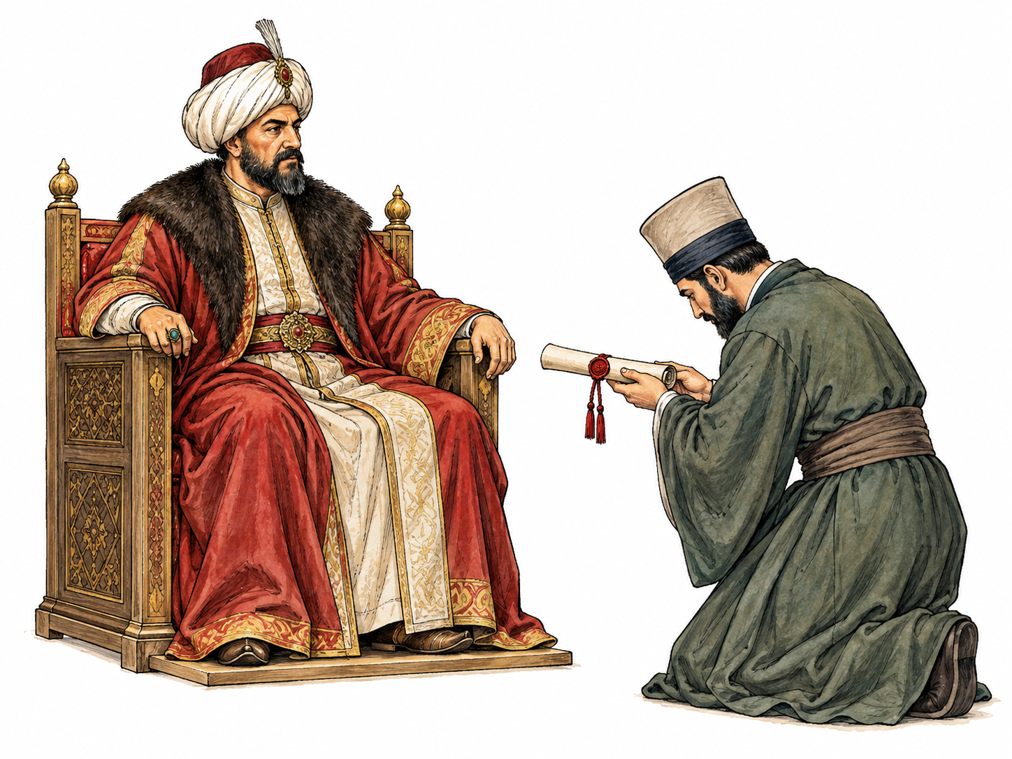 Powerful ruler sits upright on simple throne while official deferentially presents sealed decree; authority clear, historically plausible dress, no lavish palace backdrop.