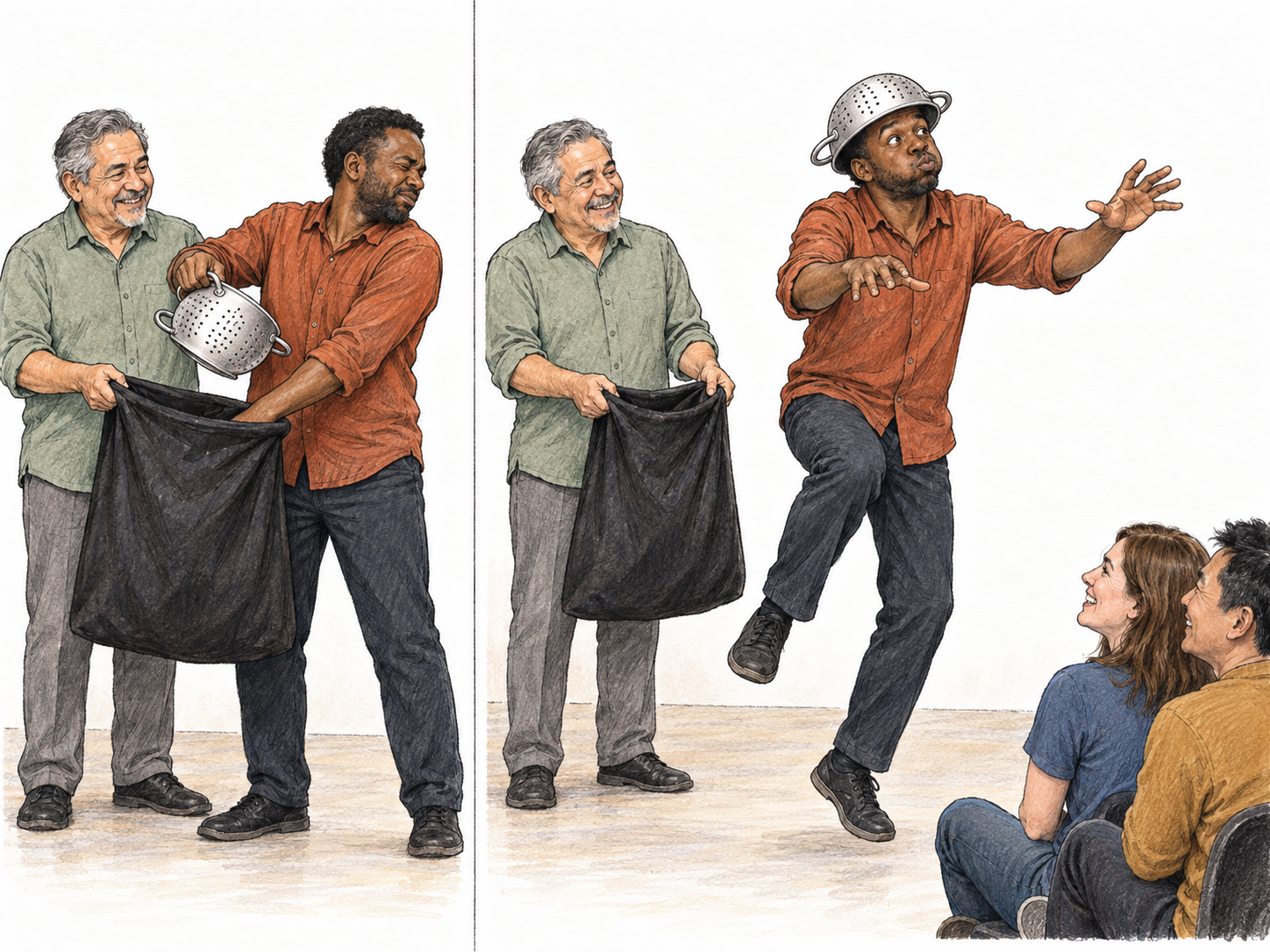 A compact two-panel sequence shows a performer blindly drawing an unexpected household prop, then immediately inventing a theatrical astronaut act with it: performing extempore, without preparation or rehearsal.