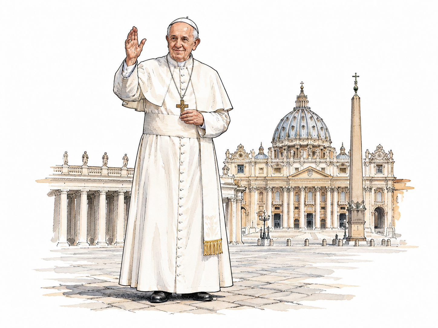 A generic elderly Catholic pope in white cassock and white skullcap stands in a Vatican courtyard, no resemblance to a specific living person.