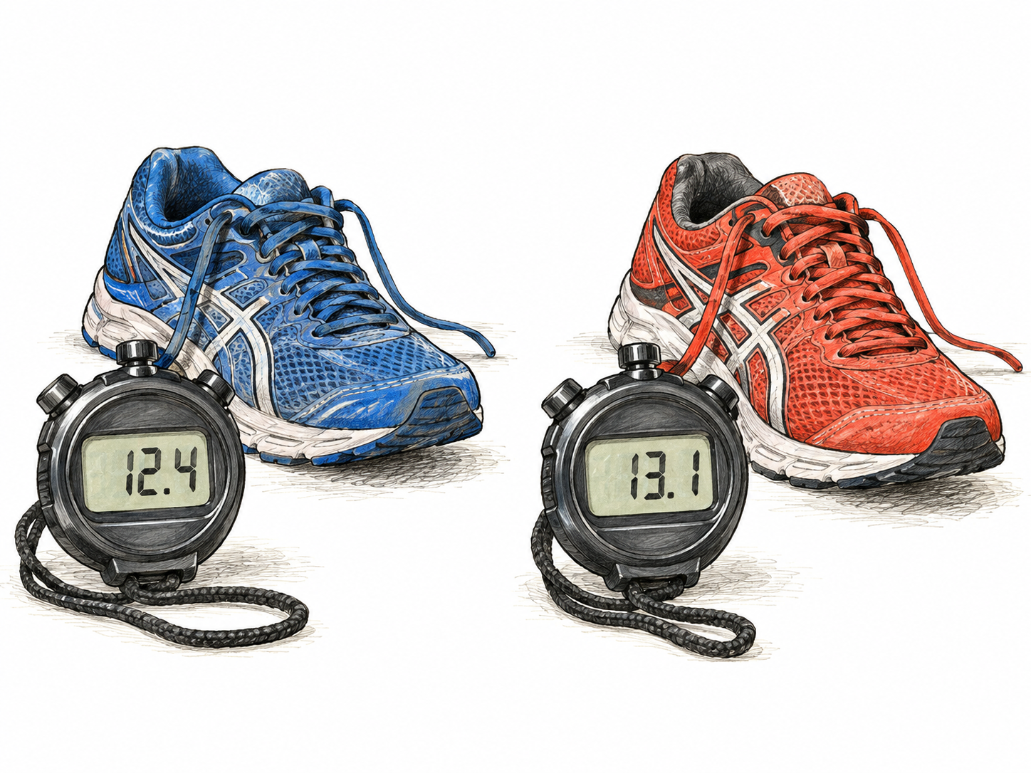 Two runners' simple timing stopwatches beside their running shoes, each watch shows only elapsed seconds 12.4 and13.1; same sprint time metric enables comparison; no runners or explanatory writing.