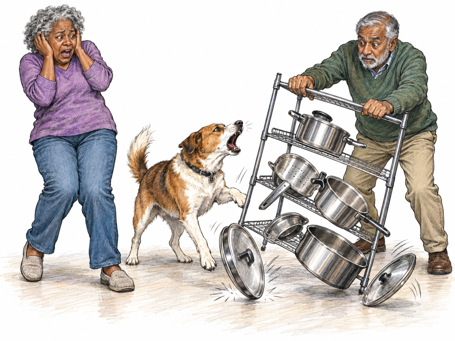 A barking dog crashes into a low rack of metal cookware, sending pans and lids clattering across the floor.