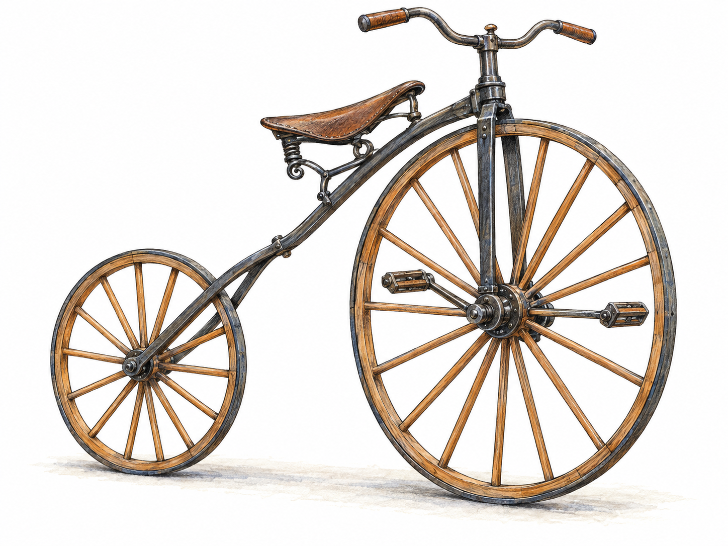 An isolated late-1860s pedal velocipede shown in clear three-quarter side view, emphasizing the front-wheel pedals, wooden spoked wheels, iron tires, curved frame, handlebars, and saddle.