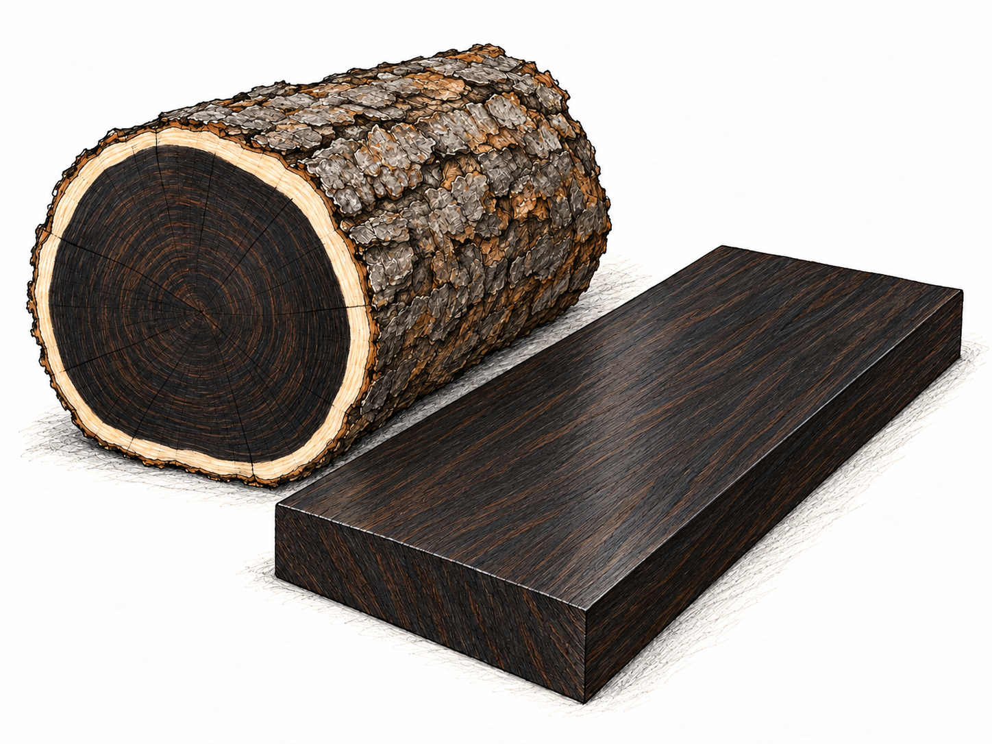 A freshly cut ebony log section beside a polished ebony board, showing nearly black heartwood, a narrow pale sapwood rim, and fine, tight wood grain.