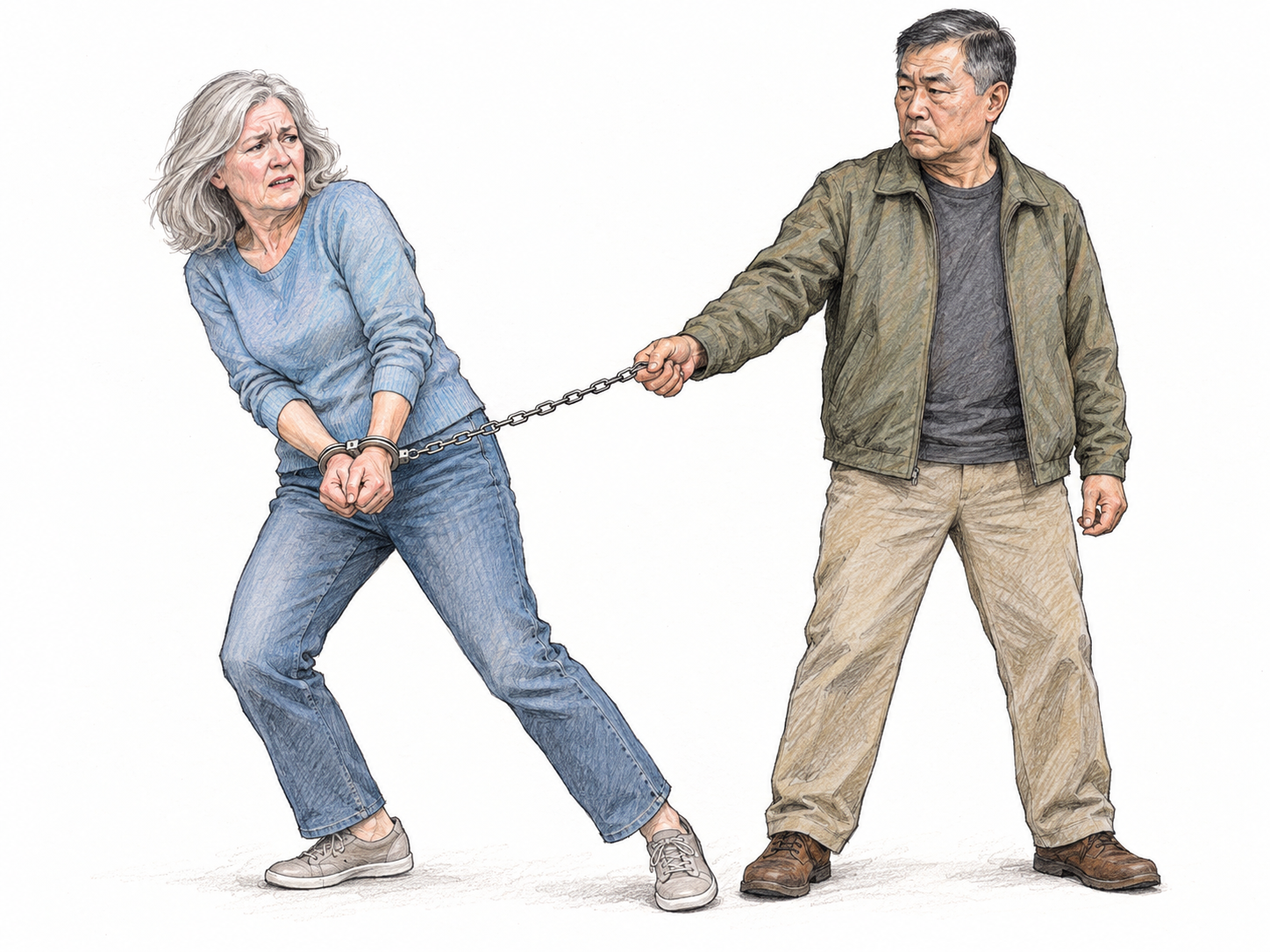 A restrained captive cannot move away because another person holds the short chain attached to her wrist restraints, making her subjection to another's power visible.