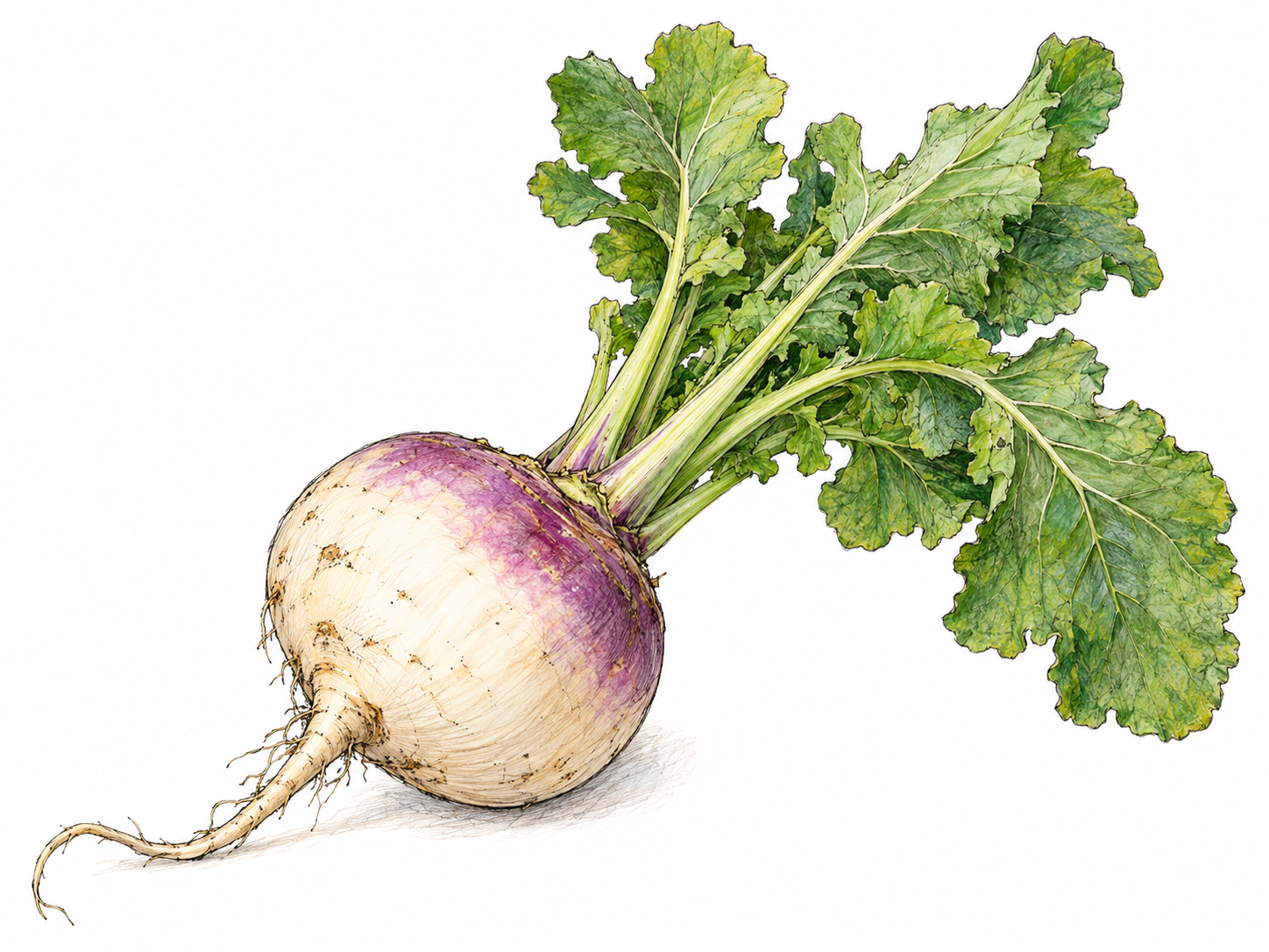 A single freshly harvested turnip with a round creamy-white root, softly purple shoulders, a slender taproot, and attached leafy greens.