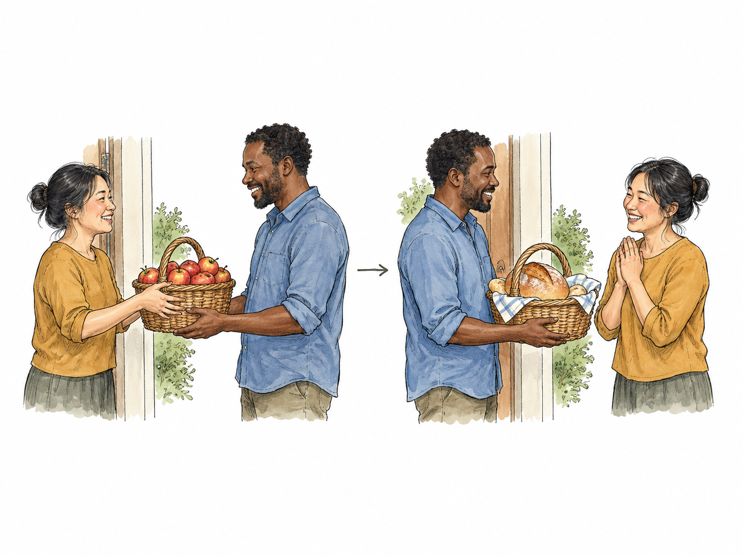 Two successive vignettes: woman gives neighbor a basket of apples; neighbor later returns basket with bread.