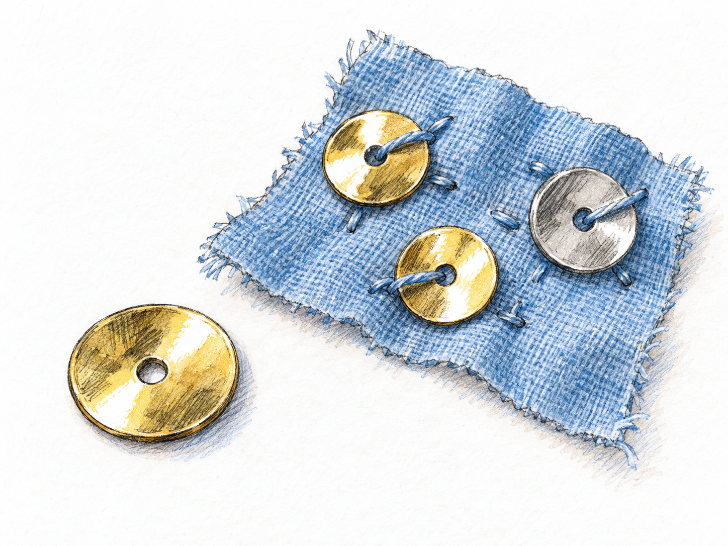 A close-up of shiny, flat sequins: several sewn onto a small scrap of blue fabric and one loose gold disk in the foreground, clearly showing its central sewing hole and reflective surface.