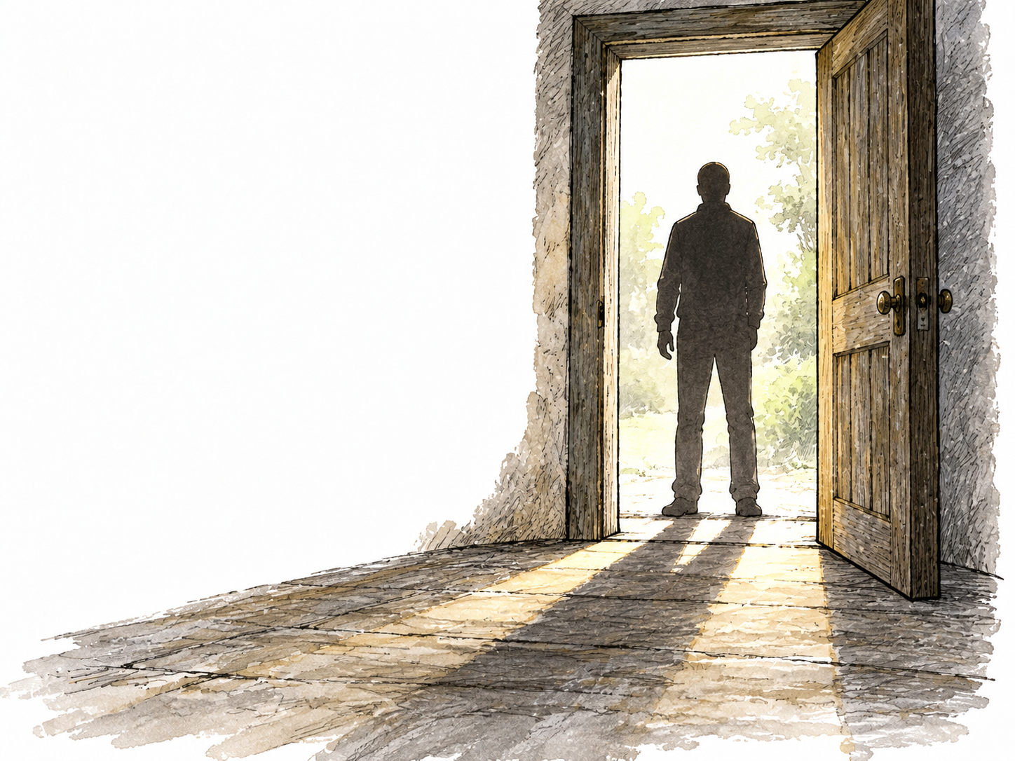 The recognizable dark silhouette of a distant person stands against a pale open doorway, their outline and bodily form clear but individual details indistinct.