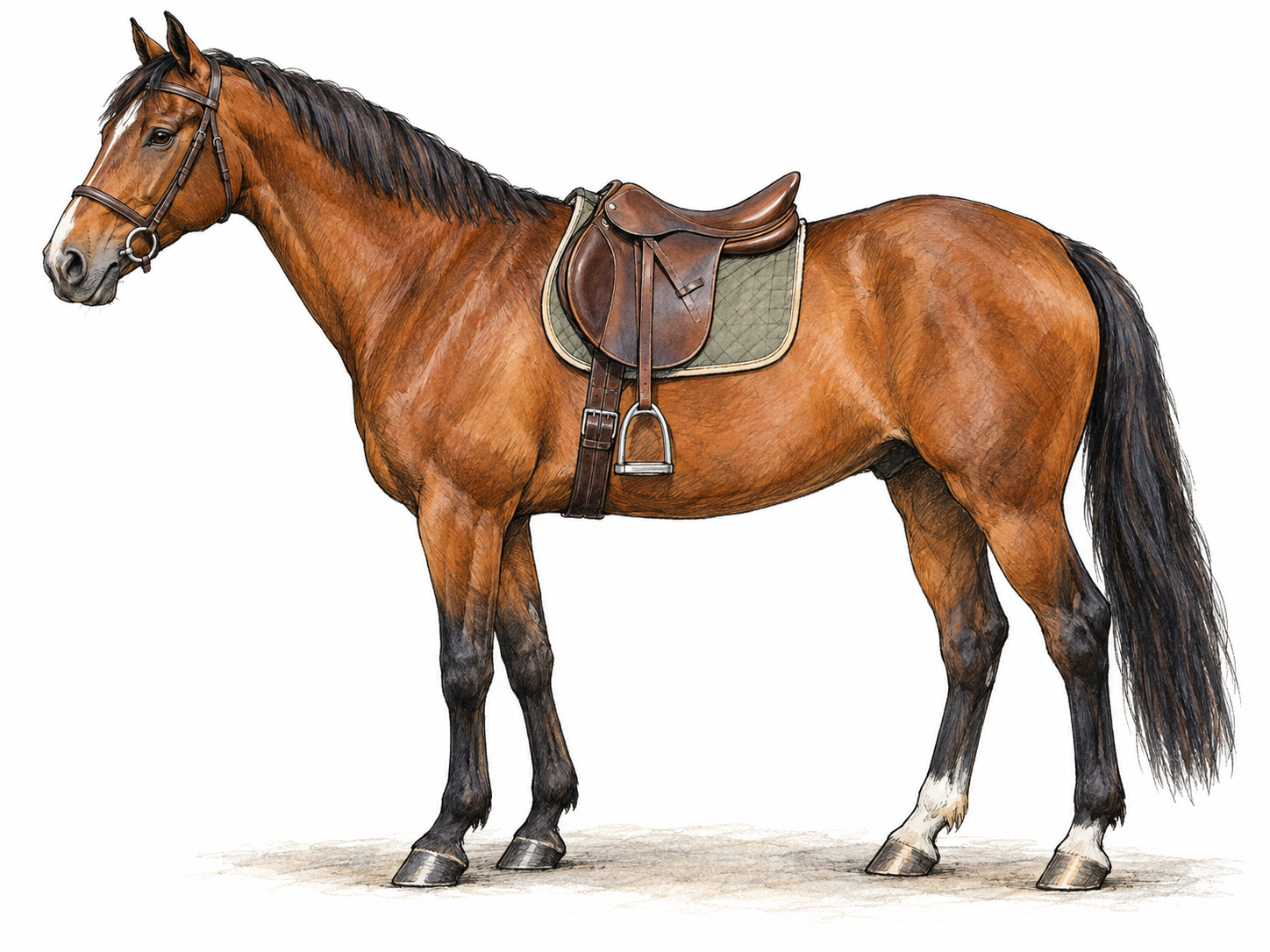 A clear side view of a saddled horse, with the leather riding seat, stirrups, and fastening girth prominently visible.