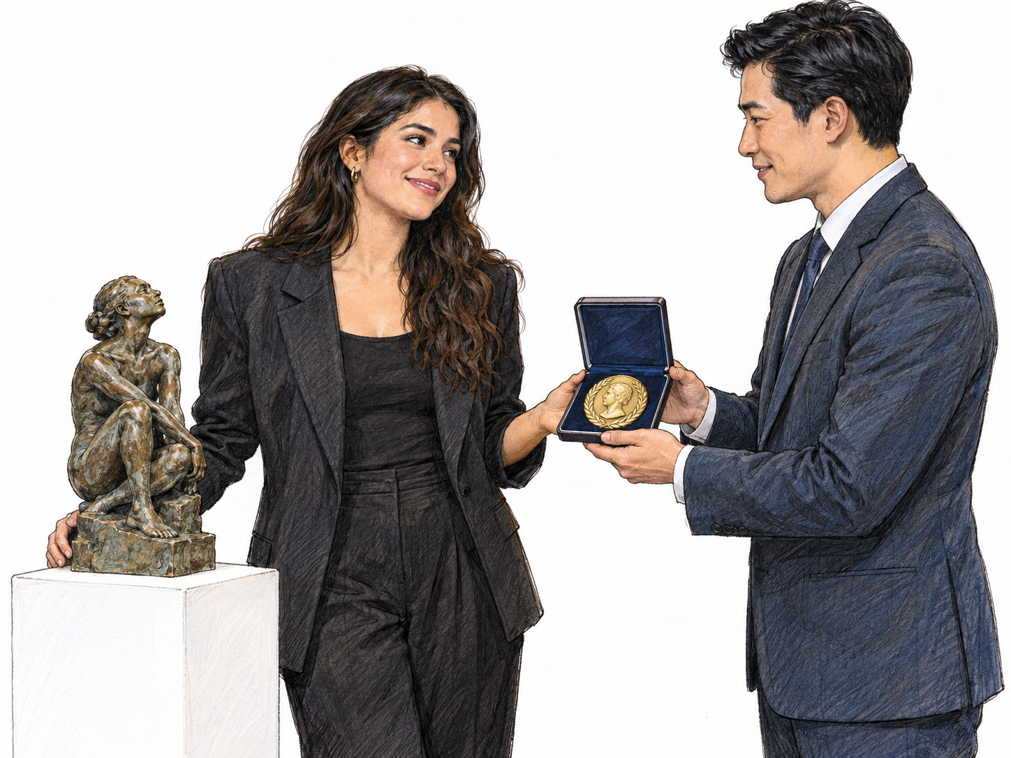 A young sculptor receives a prestigious medal beside her exhibited sculpture, making artistic achievement and public honor visible together.