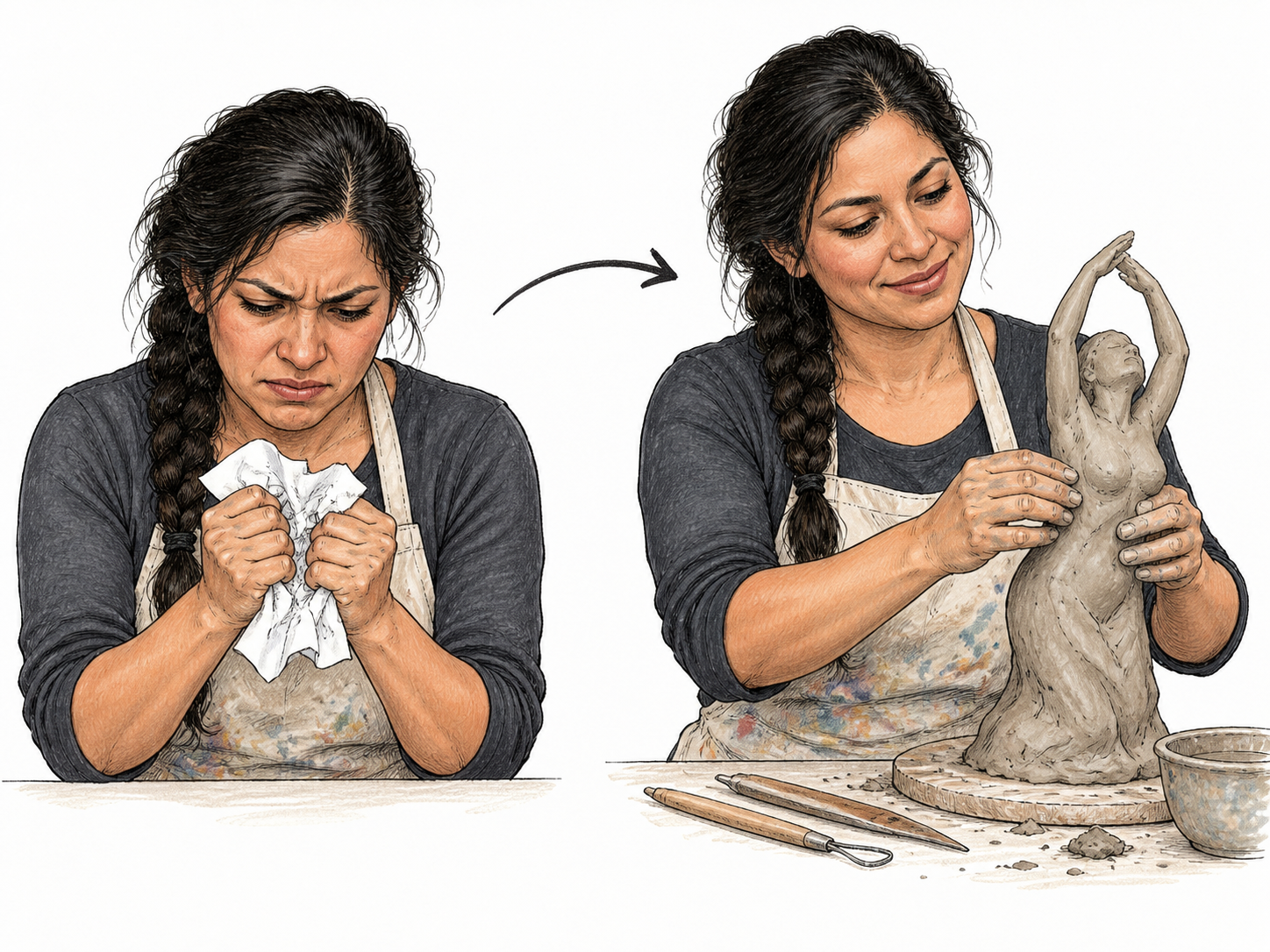 Two linked moments: upset woman grips crumpled blank page, then pours that energy into energetic clay sculpting on workbench; same woman, expressive transformation into constructive art, sparse white.