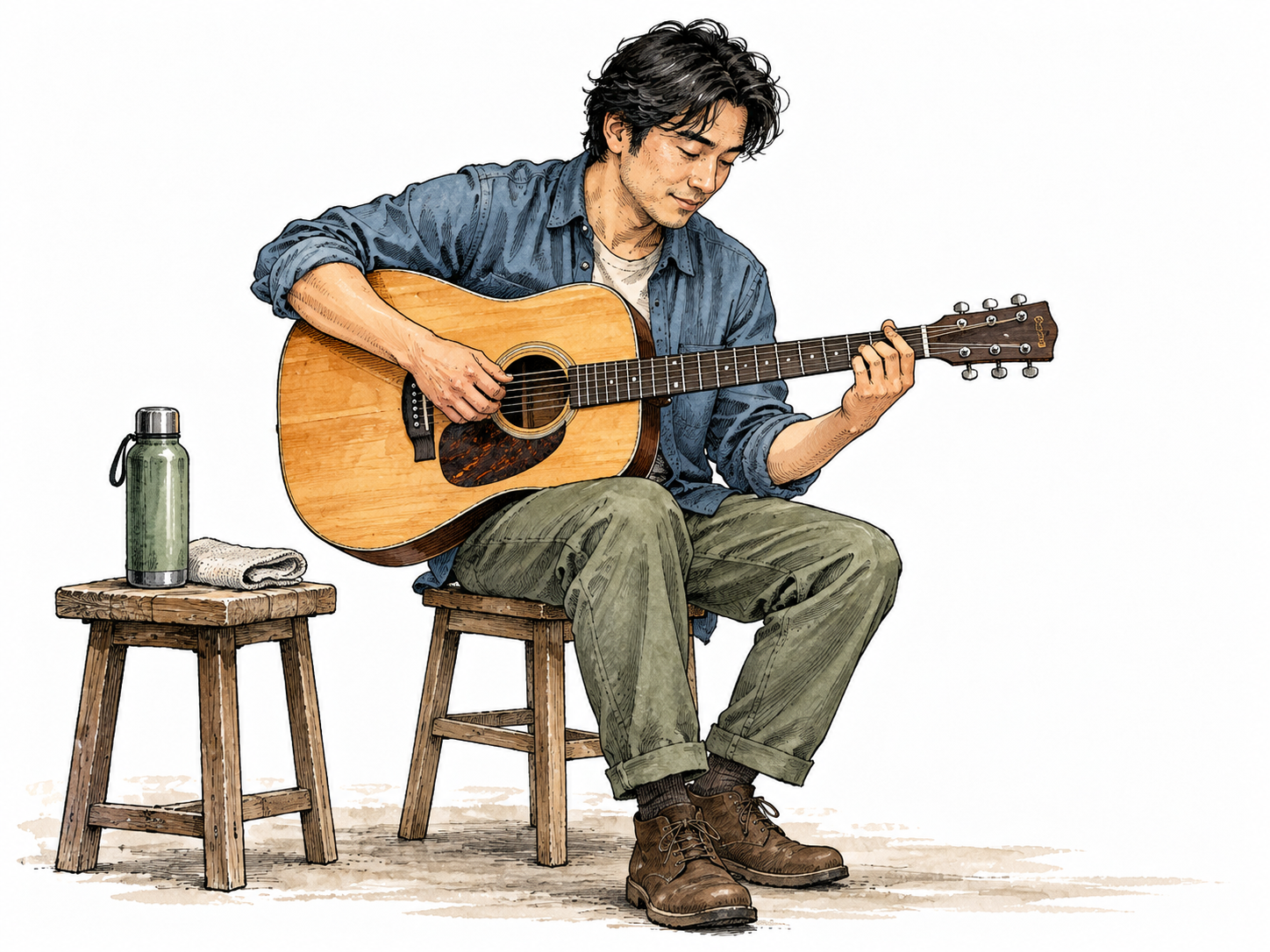 East Asian guitarist resumes playing after taking a drink, bottle set aside.