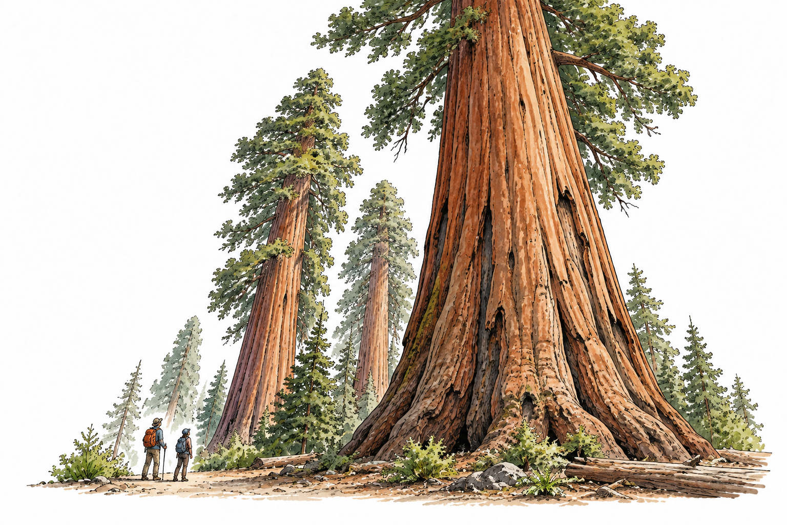 Tiny hikers beneath towering redwood trees emphasize enormous scale.
