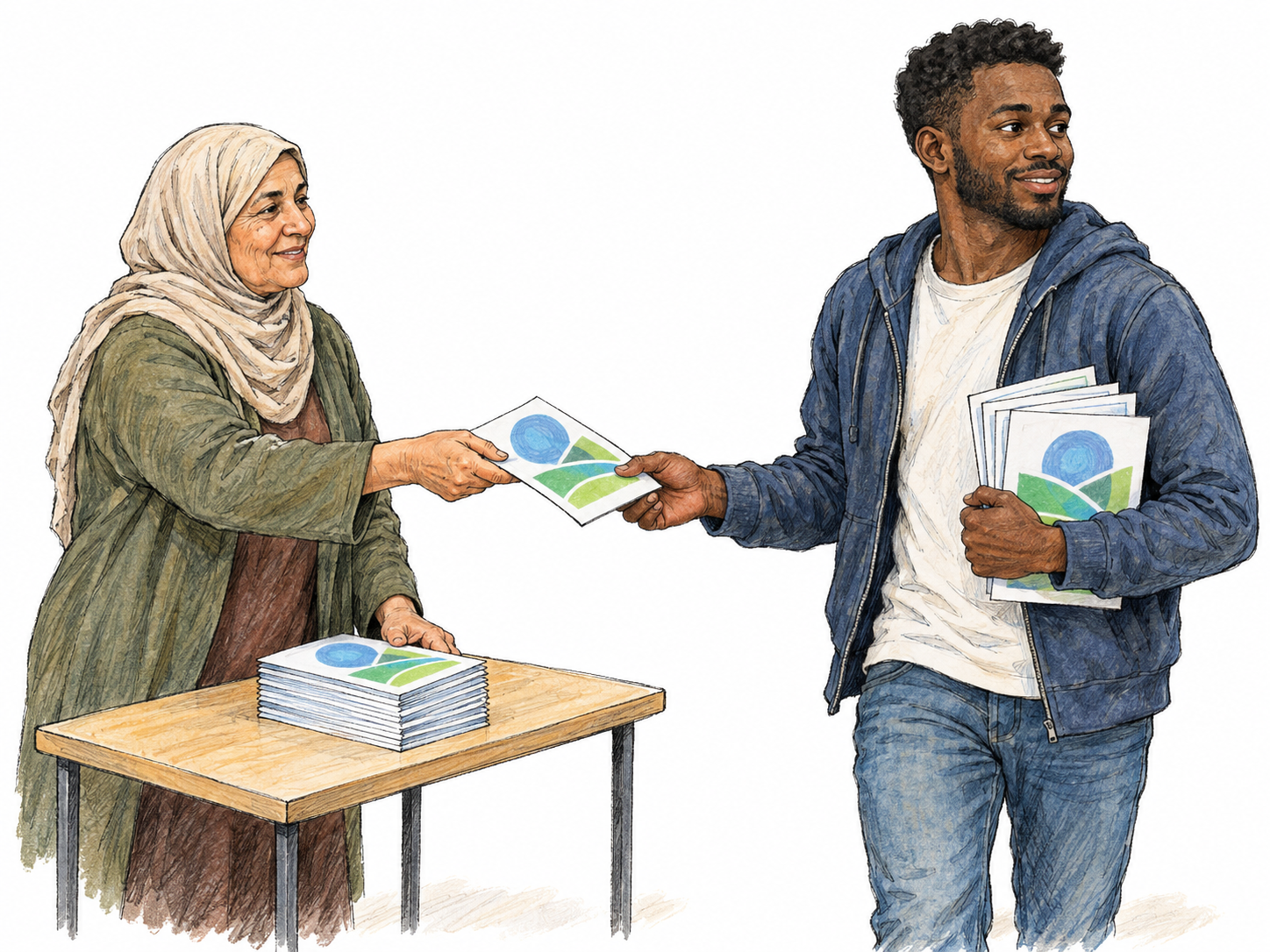 An older woman distributes matching illustrated leaflets to a young man, who carries several copies onward, showing materials being spread beyond their initial distributor.