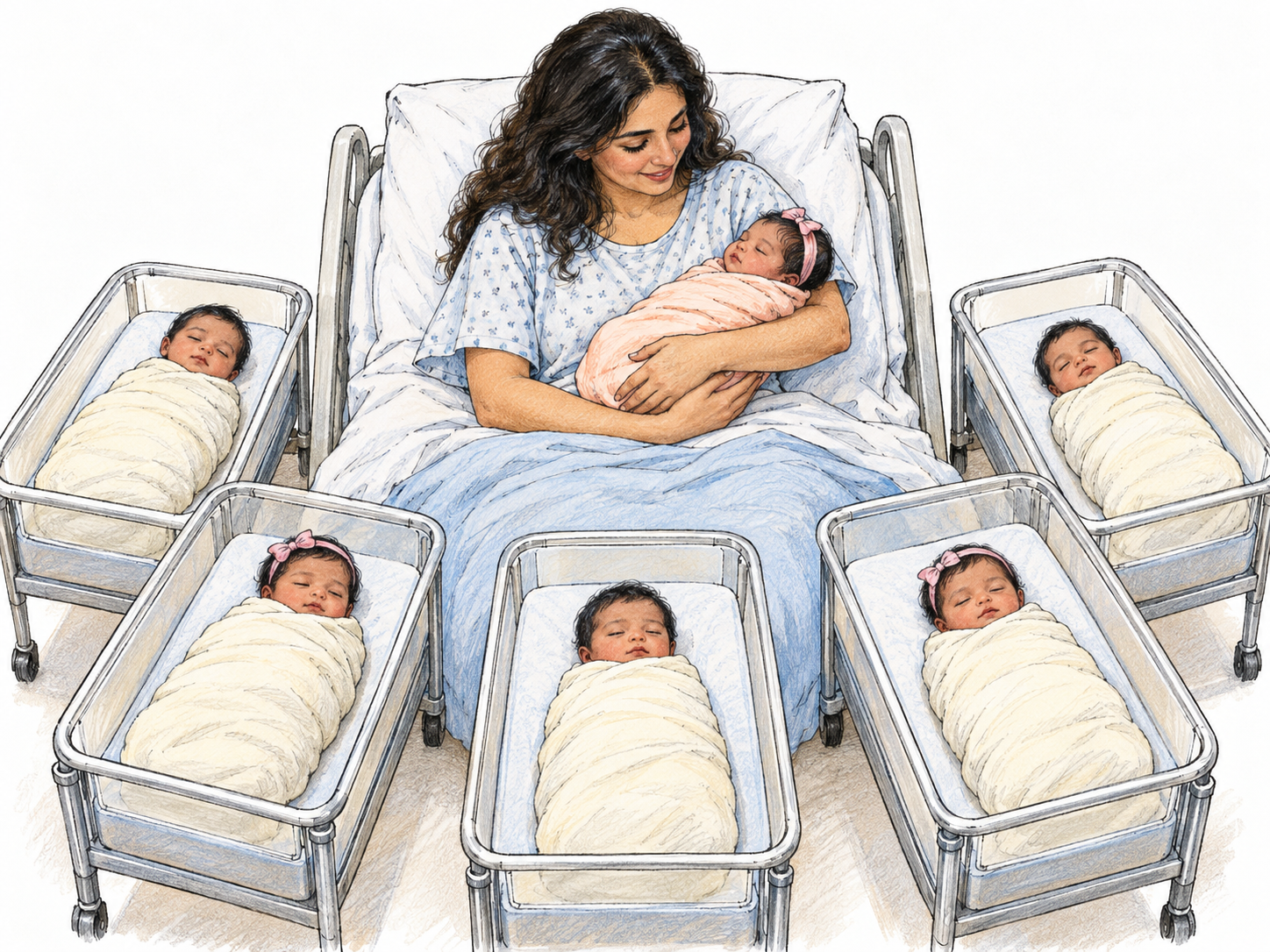 An intimate postpartum family portrait: a mother cradles one focal newborn while five other equally tiny newborns lie in individual bassinets drawn closely around her bed.