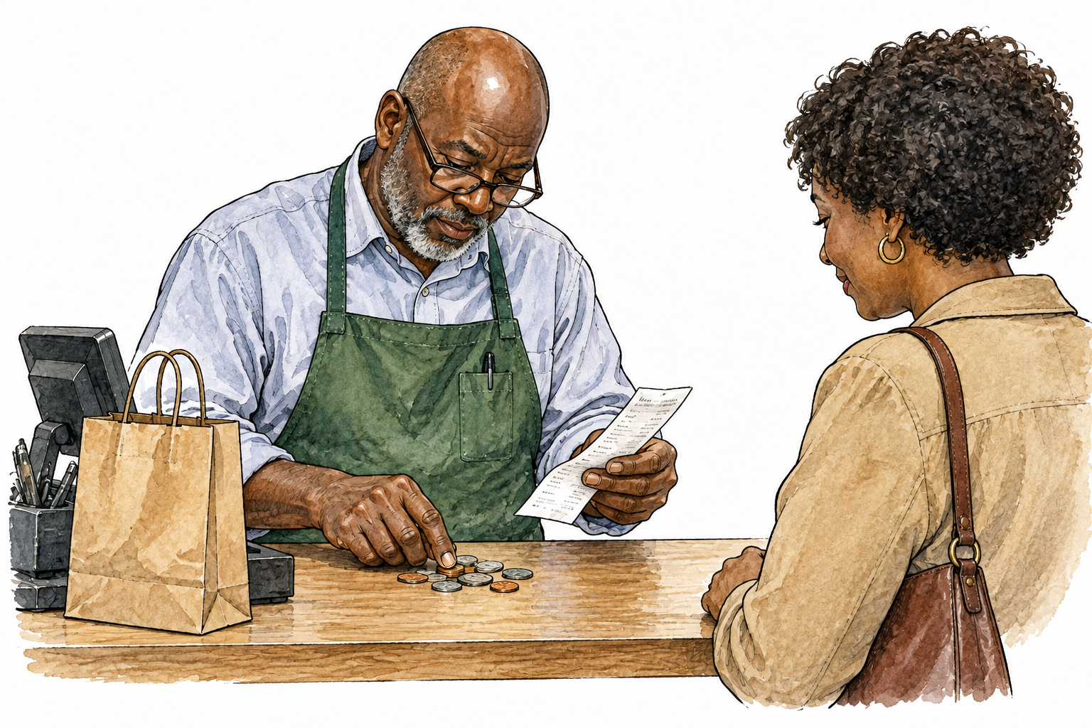 Careful Black shopkeeper double-checks exact change and receipt before handing it to customer.