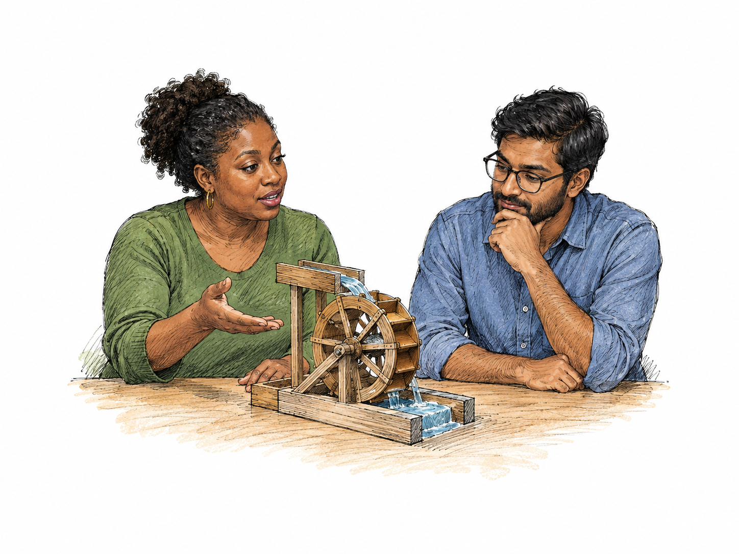 Speaker puts forward a considered idea with open hand toward a single small waterwheel model as listener listens thoughtfully, explanatory argument embodied by model; no speech bubbles or writing.