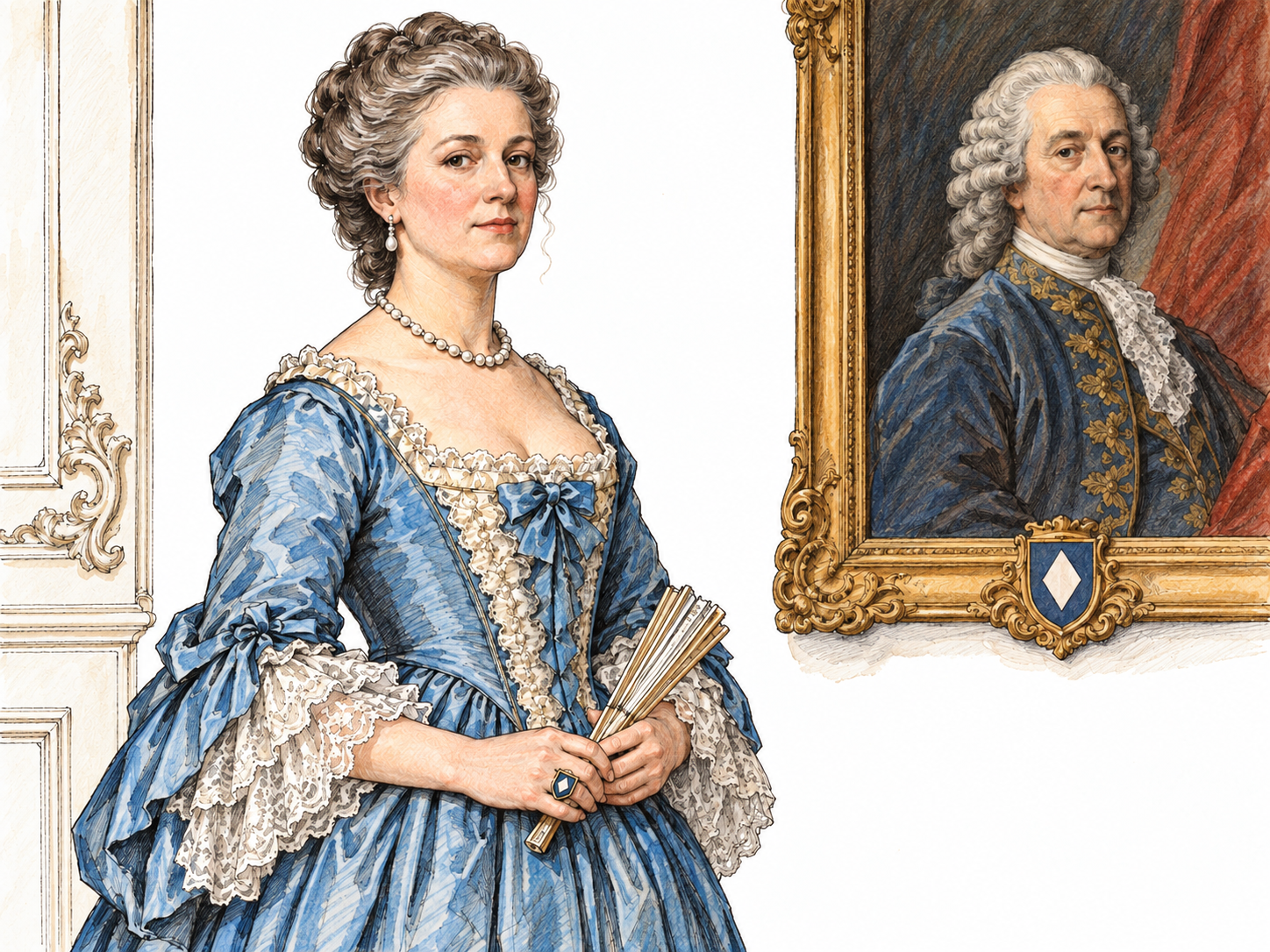An eighteenth-century aristocratic woman stands with composed, formal bearing beside a family portrait and a small heraldic shield, making noble background visible rather than relying on expensive modern clothing alone.