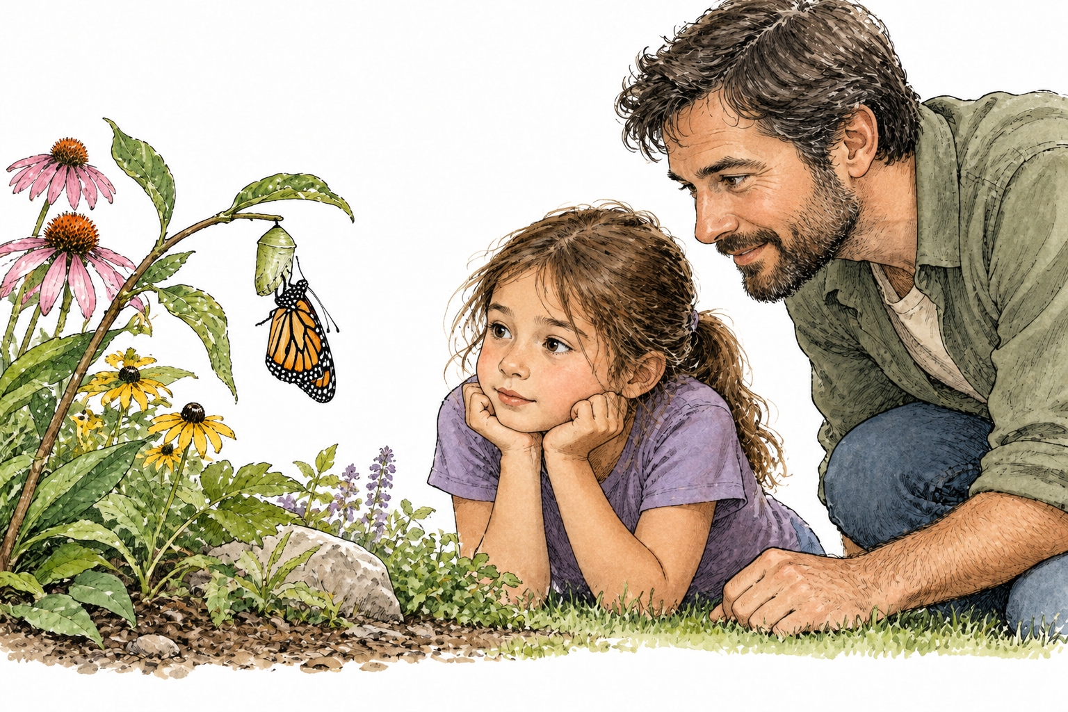 A child and adult absorbed in watching a delicate butterfly emerge in a small garden, focused expressions and intense interest, realistic nature.