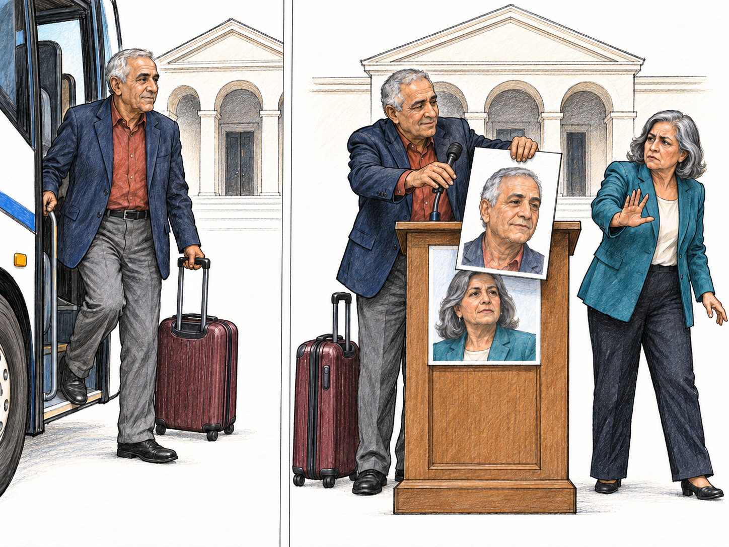 A newly arrived outsider moves straight from intercity travel into a local political platform, pushing past an established community speaker to promote himself.