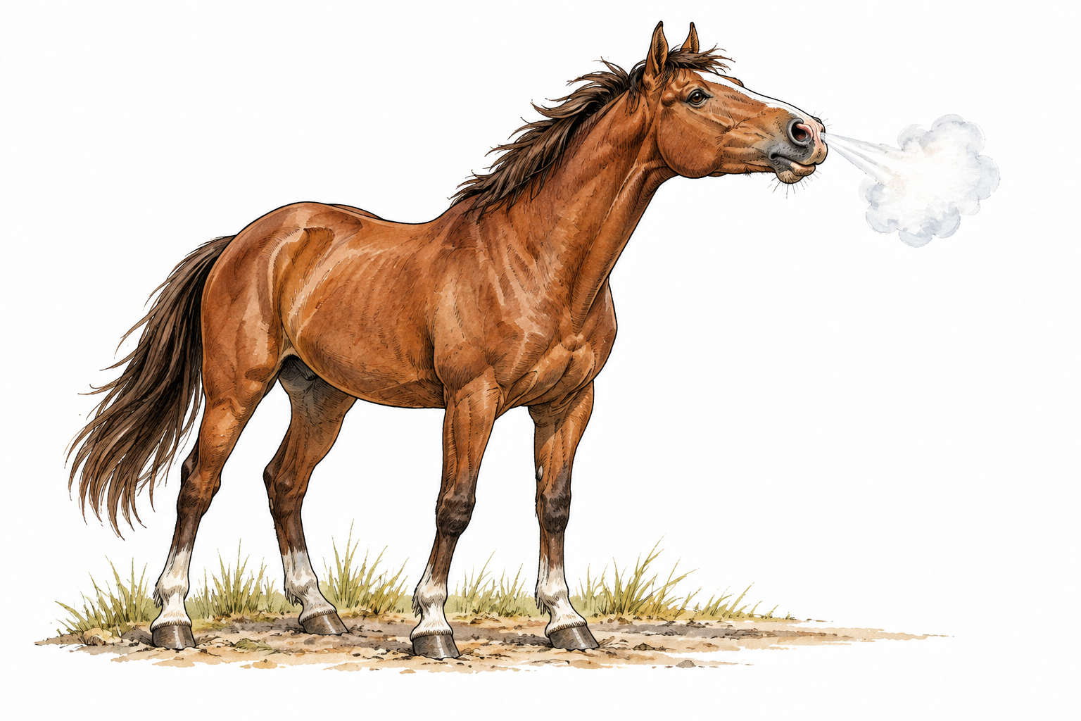 Horse sharply exhales through flared nostrils, small visible puff on cool morning.