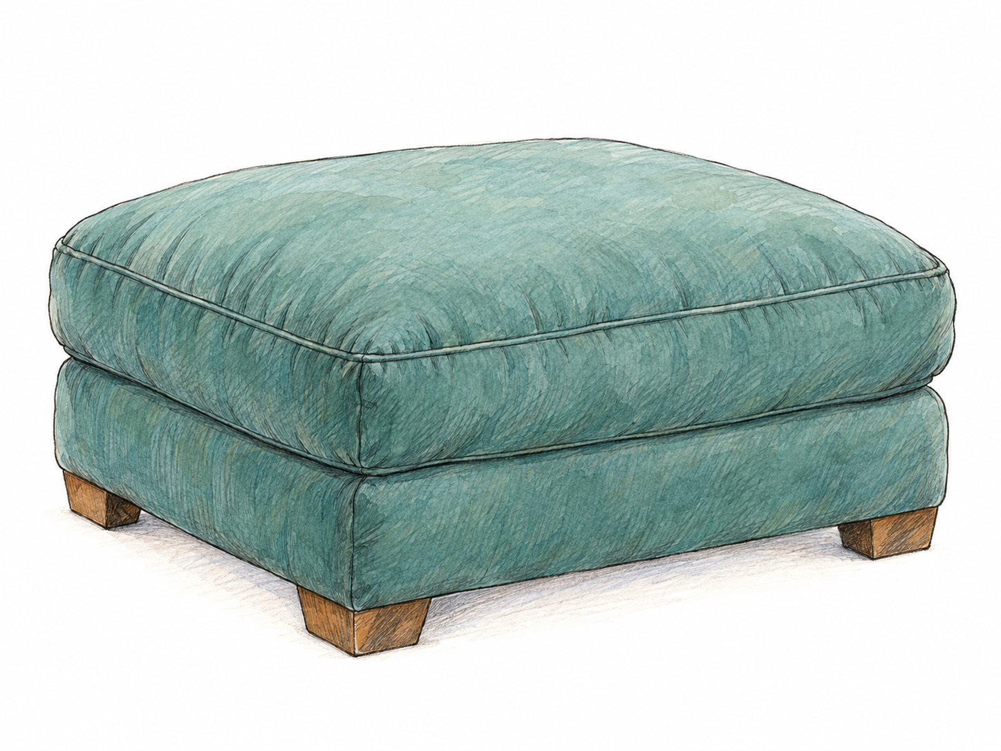 An isolated low upholstered ottoman with a thick padded top, short legs, and no back or arms, shown in three-quarter view.